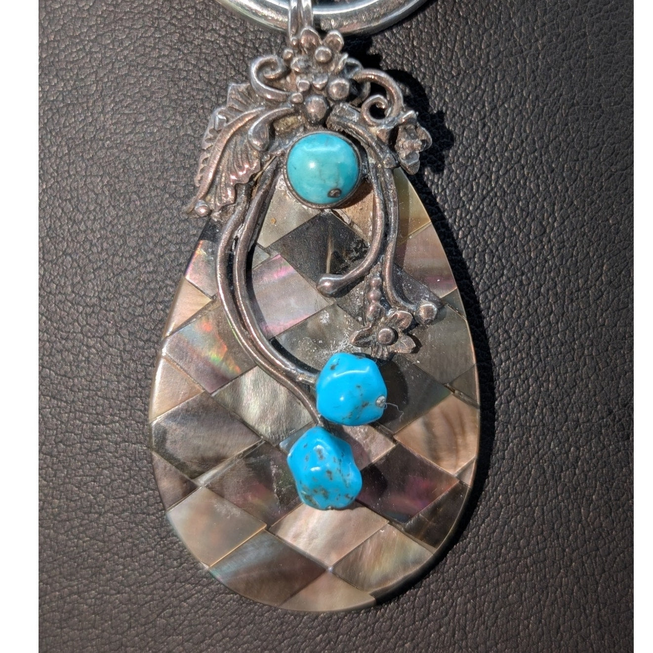 Vintage Checkerboard Design Abalone Shell Sterling Silver Turquoise Pendant Only