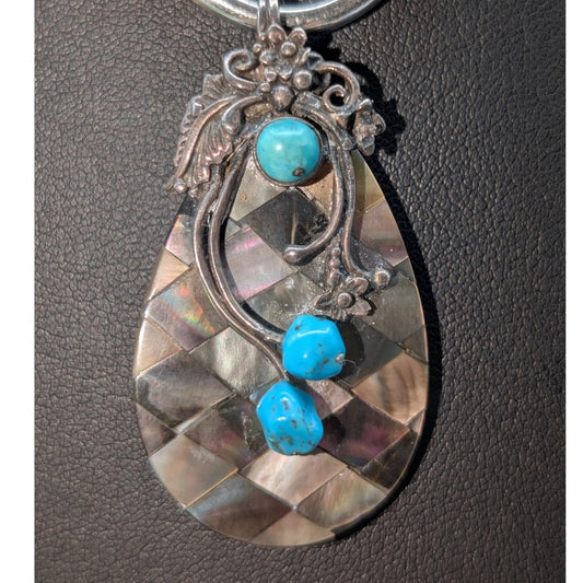 Vintage Checkerboard Design Abalone Shell Sterling Silver Turquoise Pendant Only