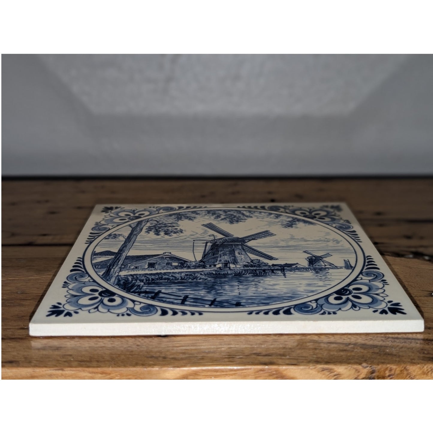Vintage Signed Delft Hand Painted Windmill Scene Porcelain Tile W/ Cotton Hook