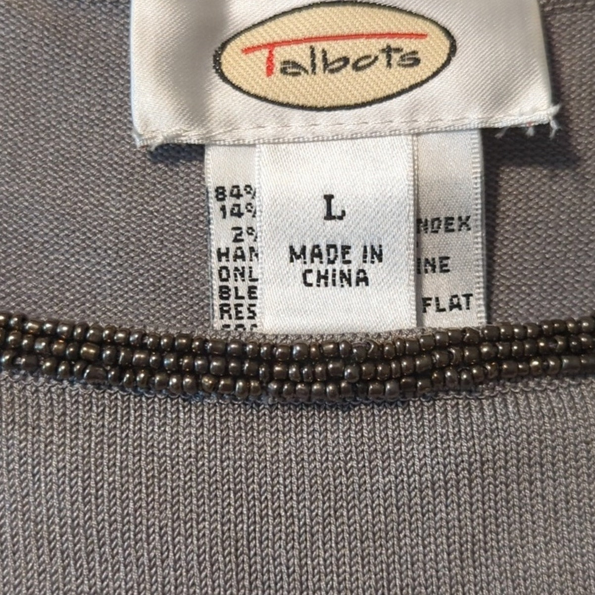 Talbots Gray Silk Blend Beaded Sweater Set Wide Rib Hem 3/4 Sleeves Women's Sz L