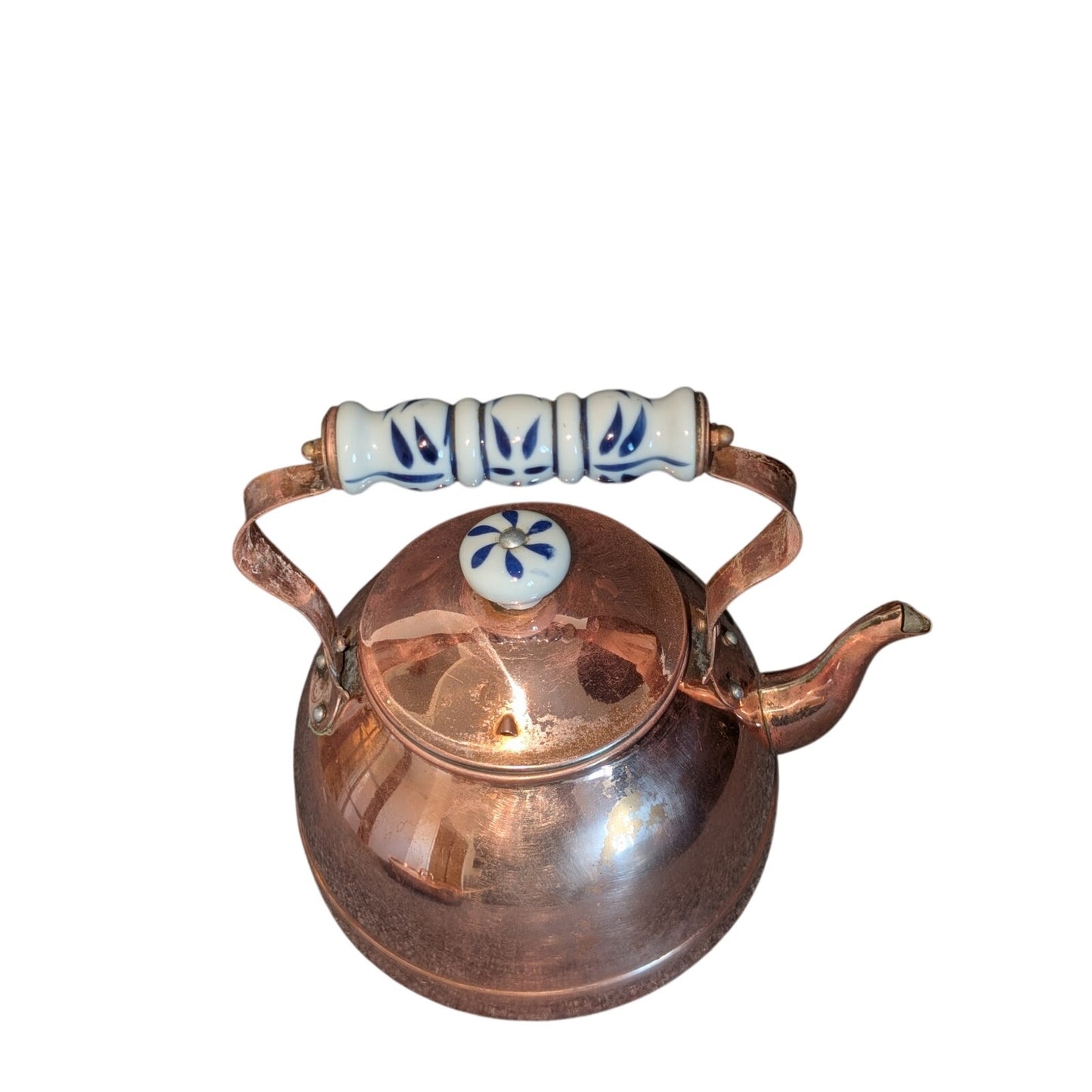 Vintage Antique Copper Tea Kettle W/ Blue White Ceramic Handle & Lid