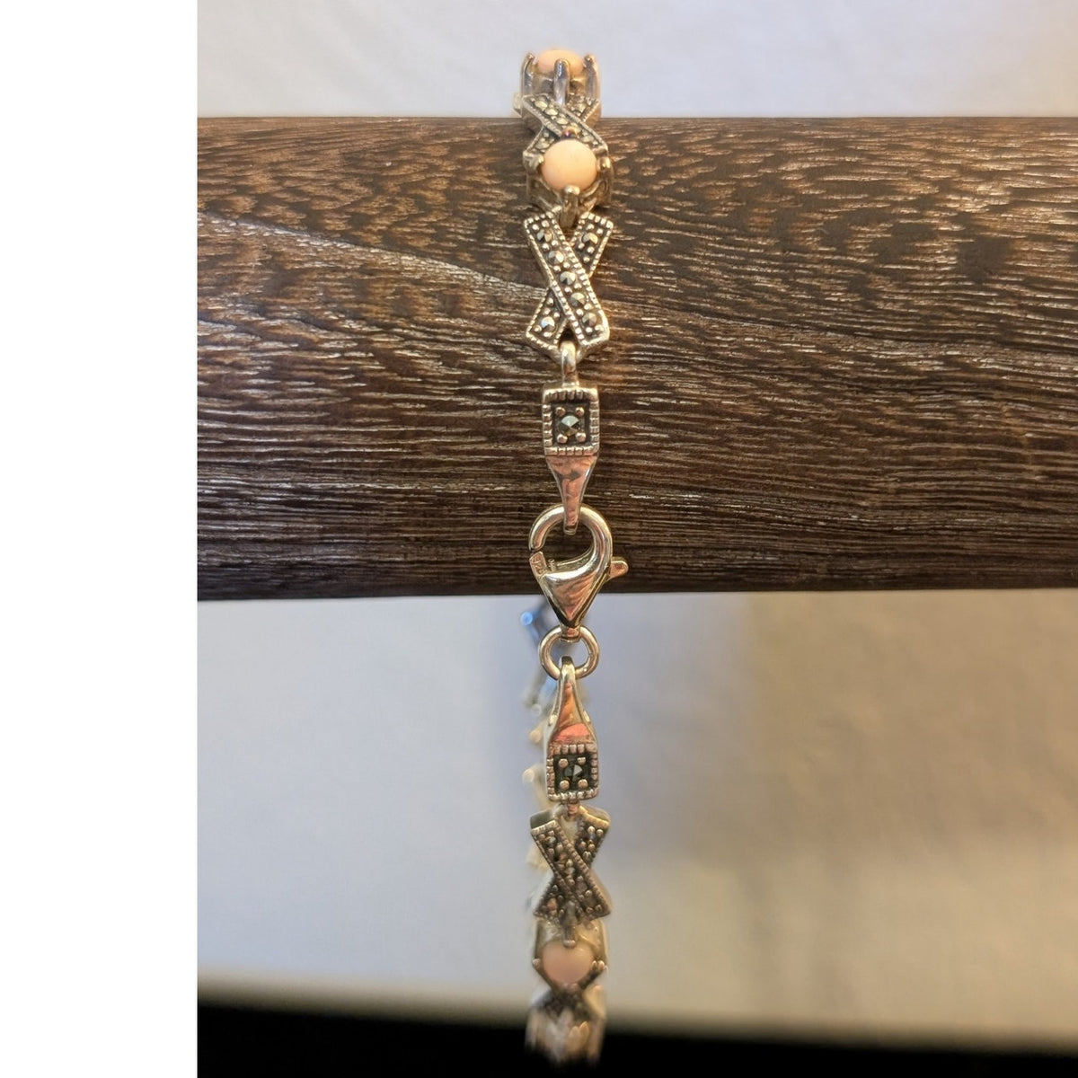 VTG 925 Sterling Silver Pink Moonstone Marcasite X & O Chain Link Bracelet