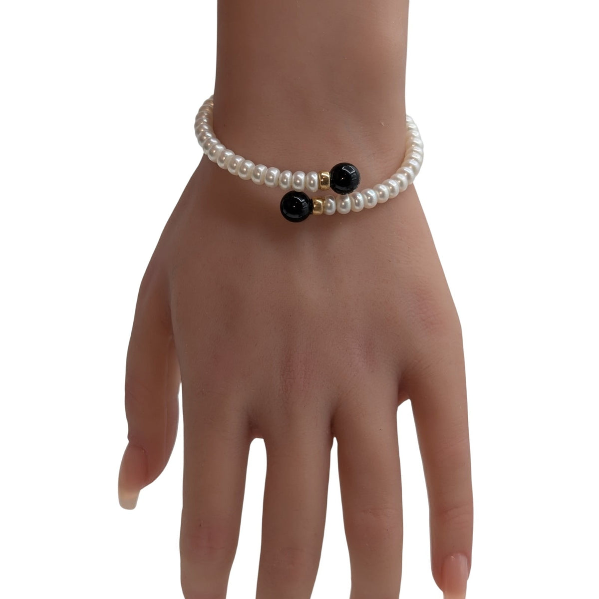 Freshwater Pearl Black Onyx End 14K Gold Accent Beaded Wire Wrap Bracelet