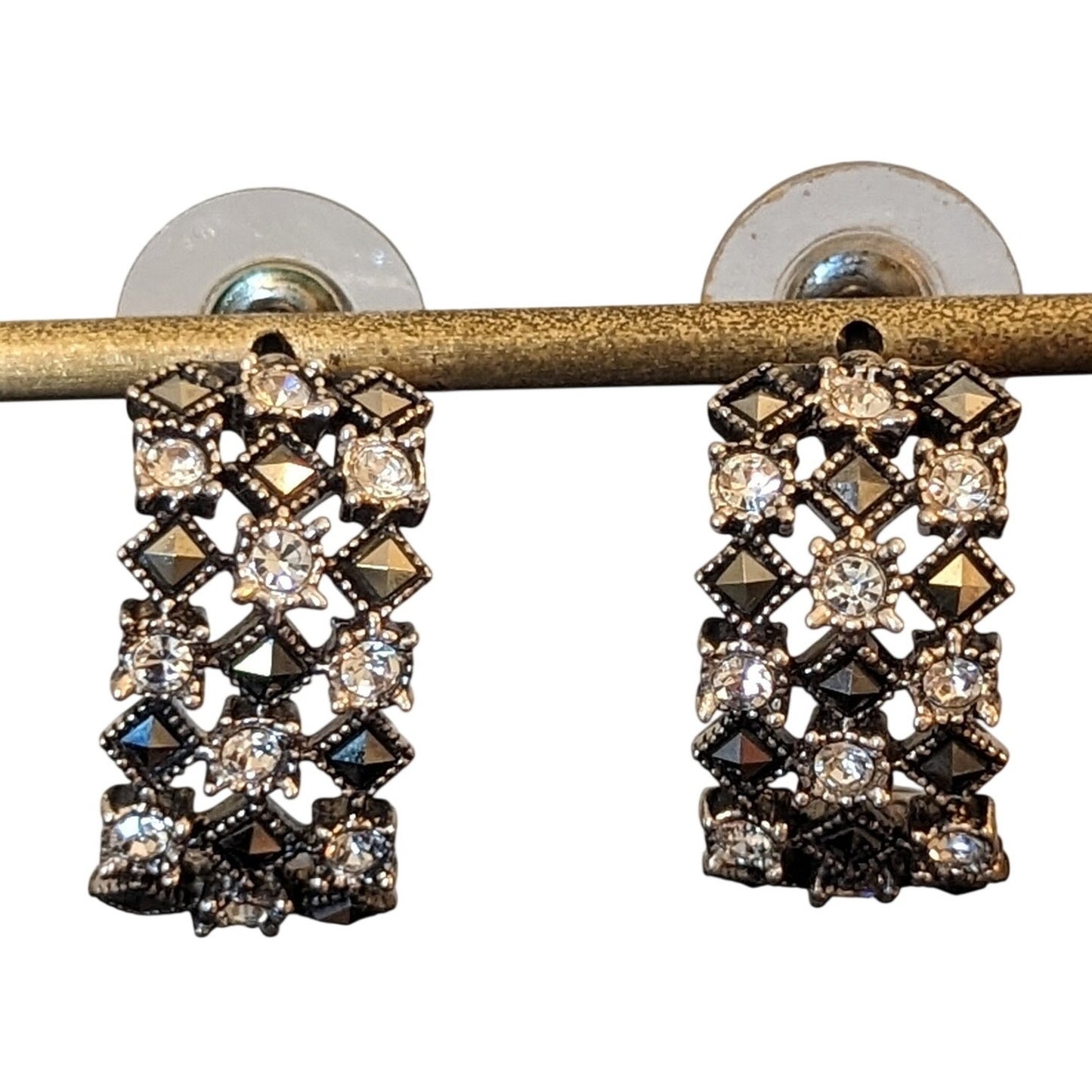 925 Sterling Silver Marcasite & Crystal Openwork Half Hoop Earrings