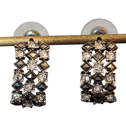 925 Sterling Silver Marcasite & Crystal Openwork Half Hoop Earrings