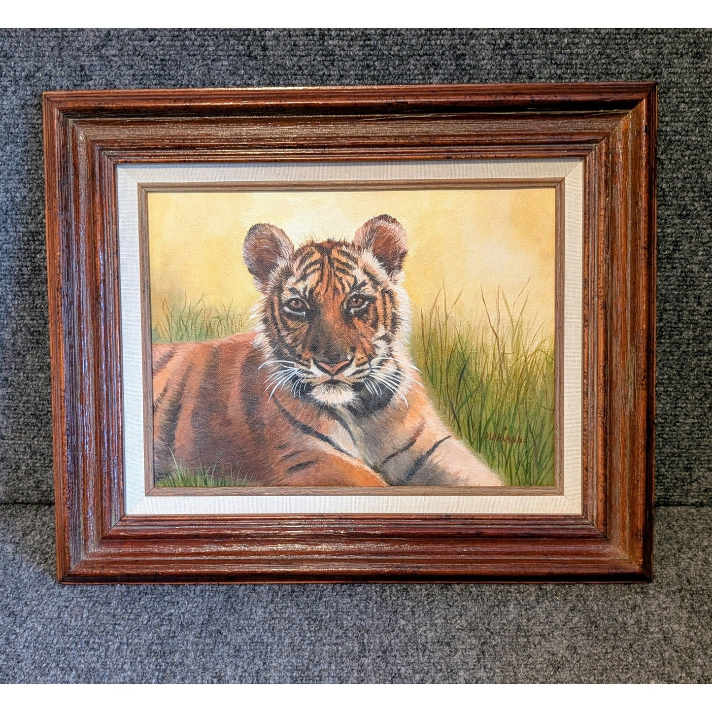 Vintage Original Wood Framed Tiger Painting on Canvas Signed Marianne