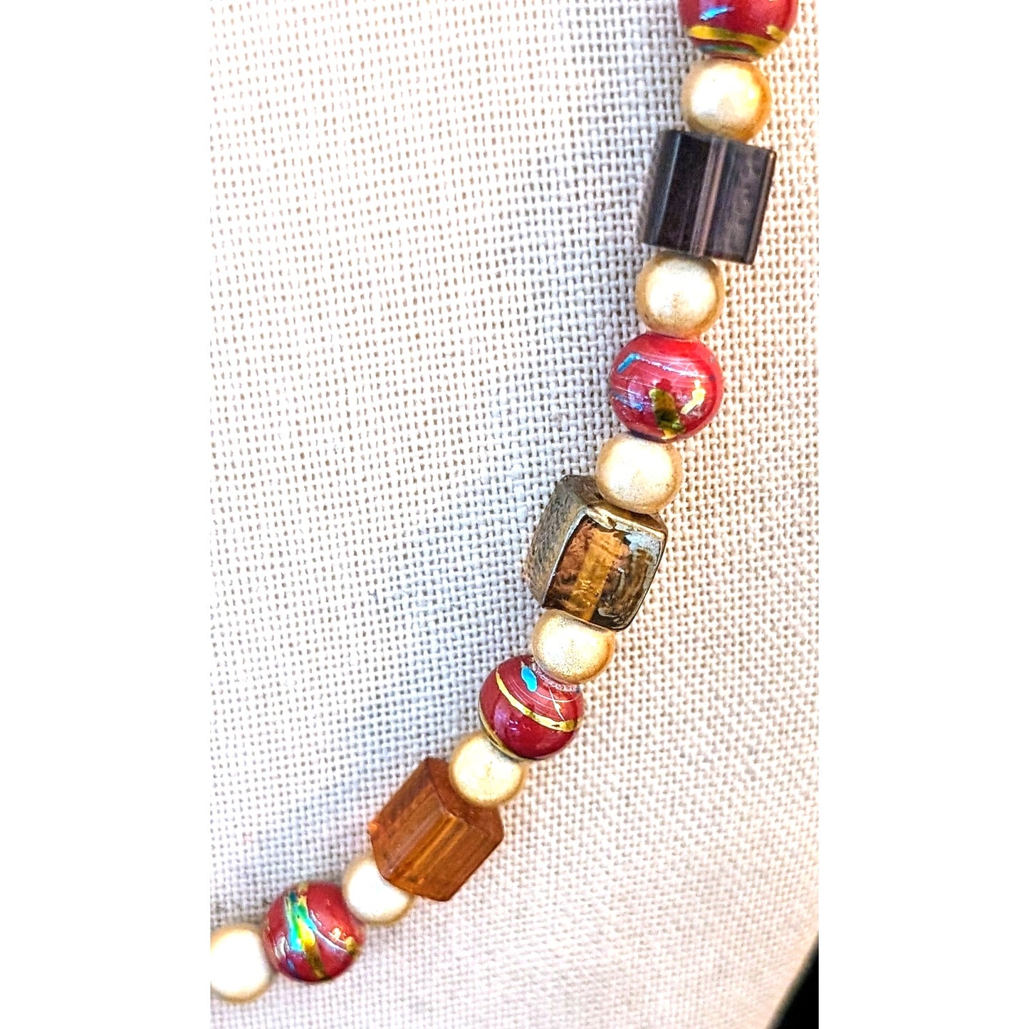 Vintage Metallic Drawbench, Square Lampwork, Art Glass 925 Clasp Bead Necklace