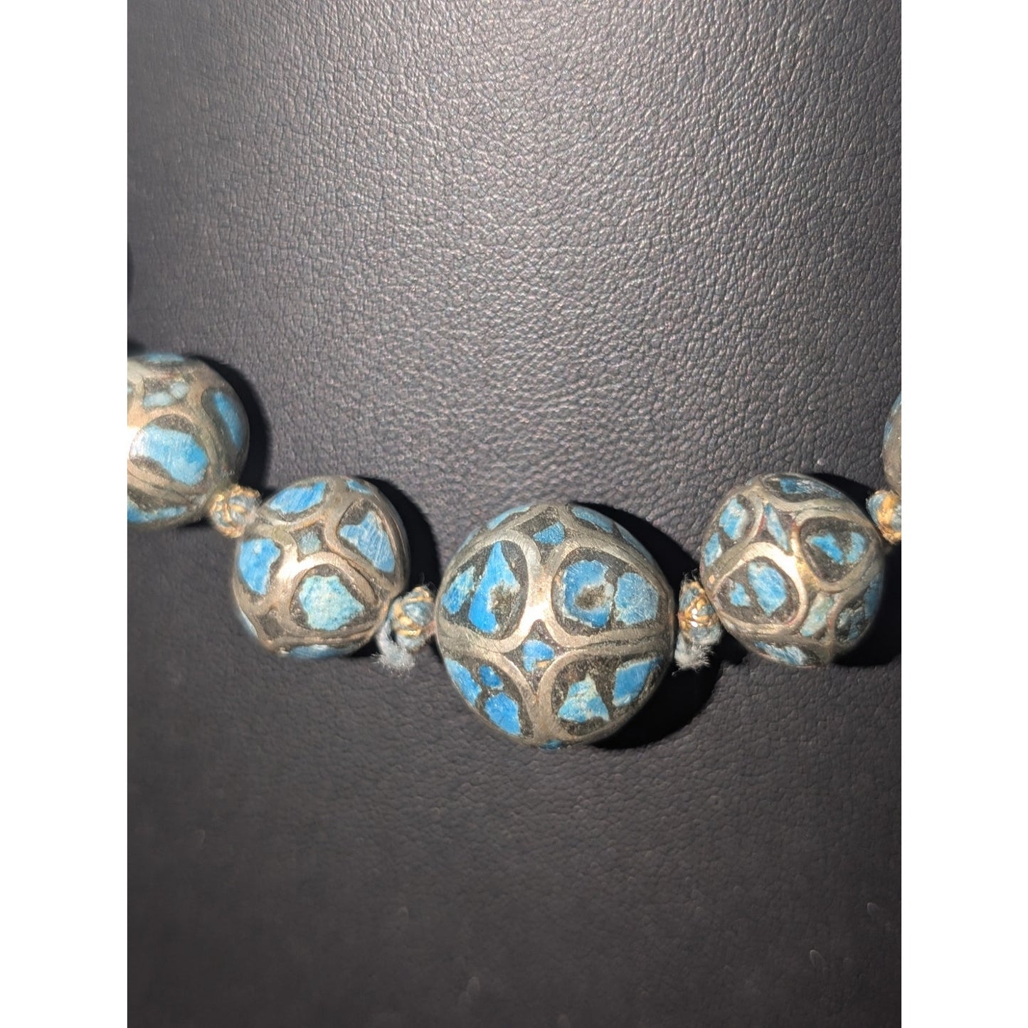 Antique Hand Made Ethnic Turquoise Inlay Non-Magnetic Graduated Bead Necklace