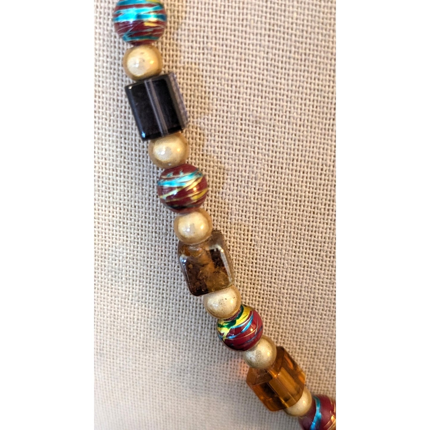 Vintage Metallic Drawbench, Square Lampwork, Art Glass 925 Clasp Bead Necklace