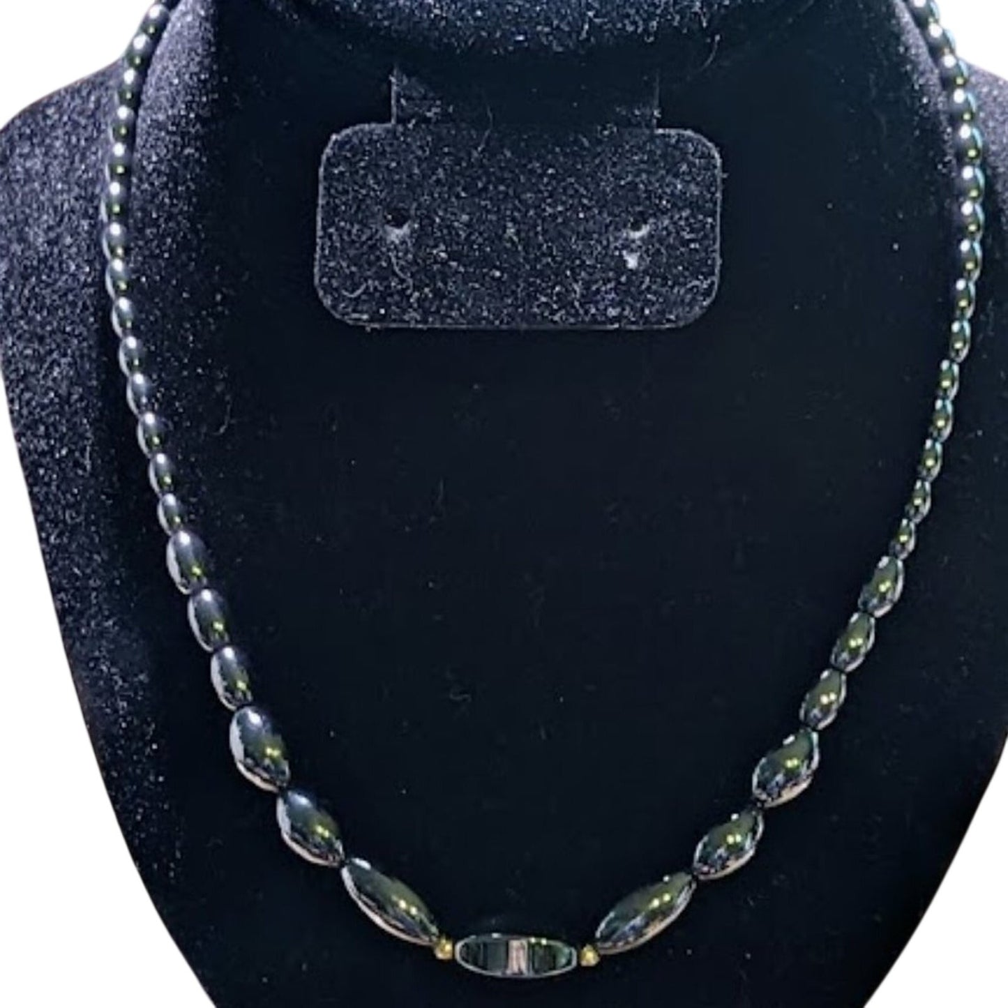 Vintage Graduated Hematite and Gold Toned Bead Necklace with Barrel Clasp.