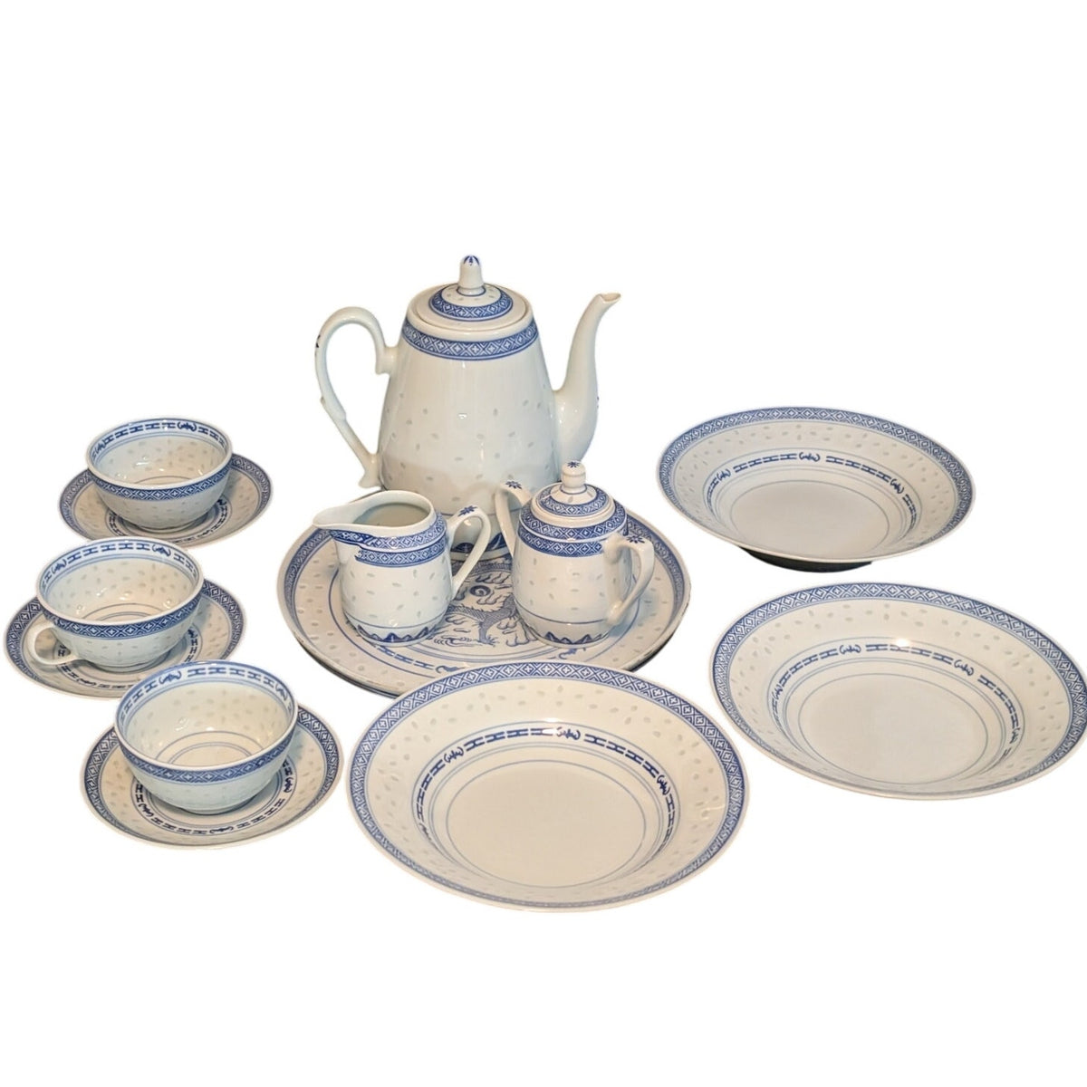 Vintage 1970s  Rice Grain Fifteen Piece Porcelain Blue White Dragon Tea Set