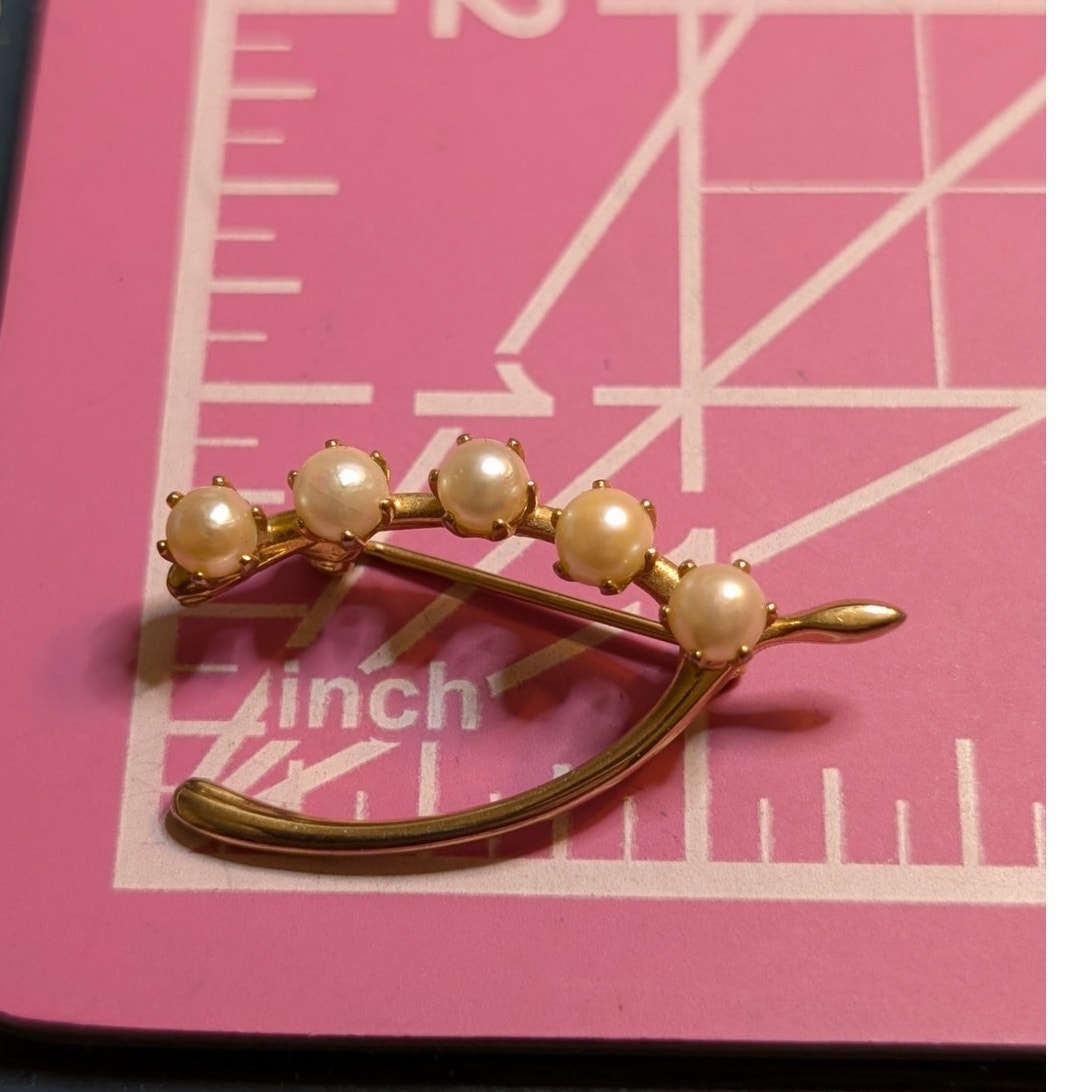 Vintage Goldtone Faux Pearl Wishbone Brooch