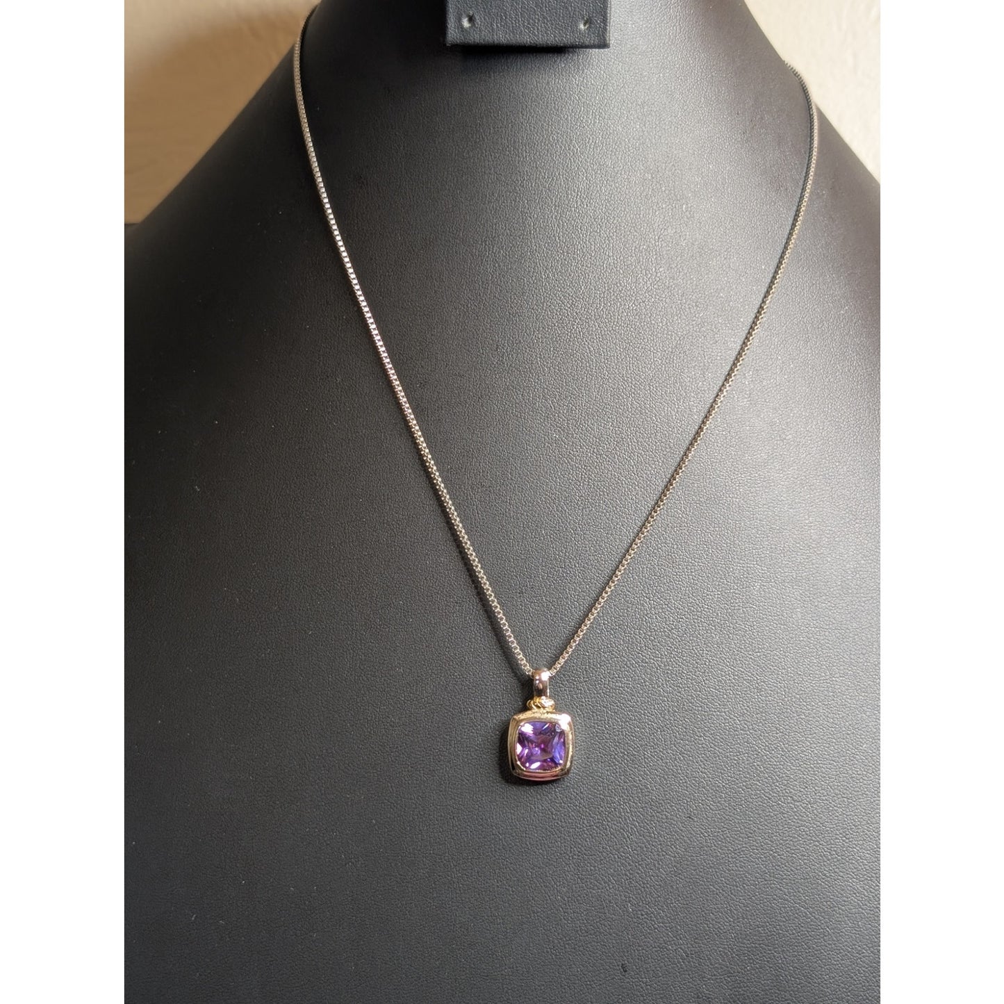 925 Sterling Purple Glass Stone Two Tone Pendant Box Chain 20" Necklace