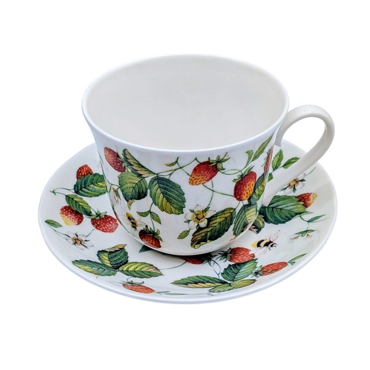 Vtg Roy Kirkham 2000 Alpine Strawberry Bone China Breakfast Cup and Saucer Set