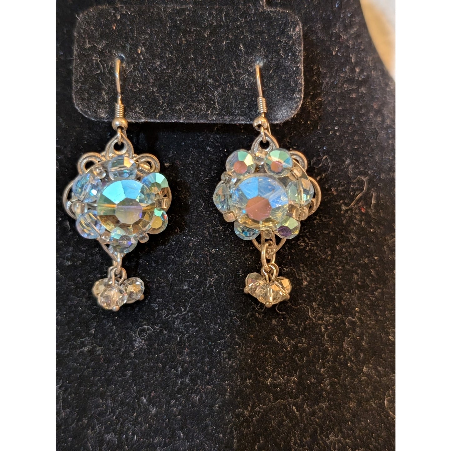 Vintage AB Crystal Three Clear Crystal Dangle Pierced Earrings
