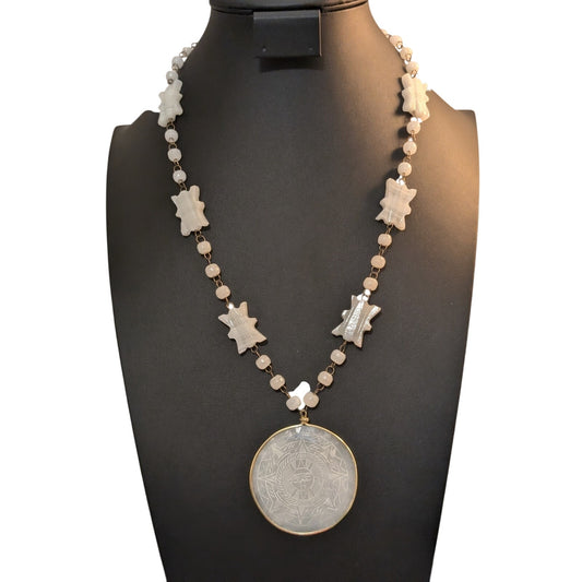 Carved White Quartz Mother of Pearl Gold Tone Bezel Medallion Beaded Necklace