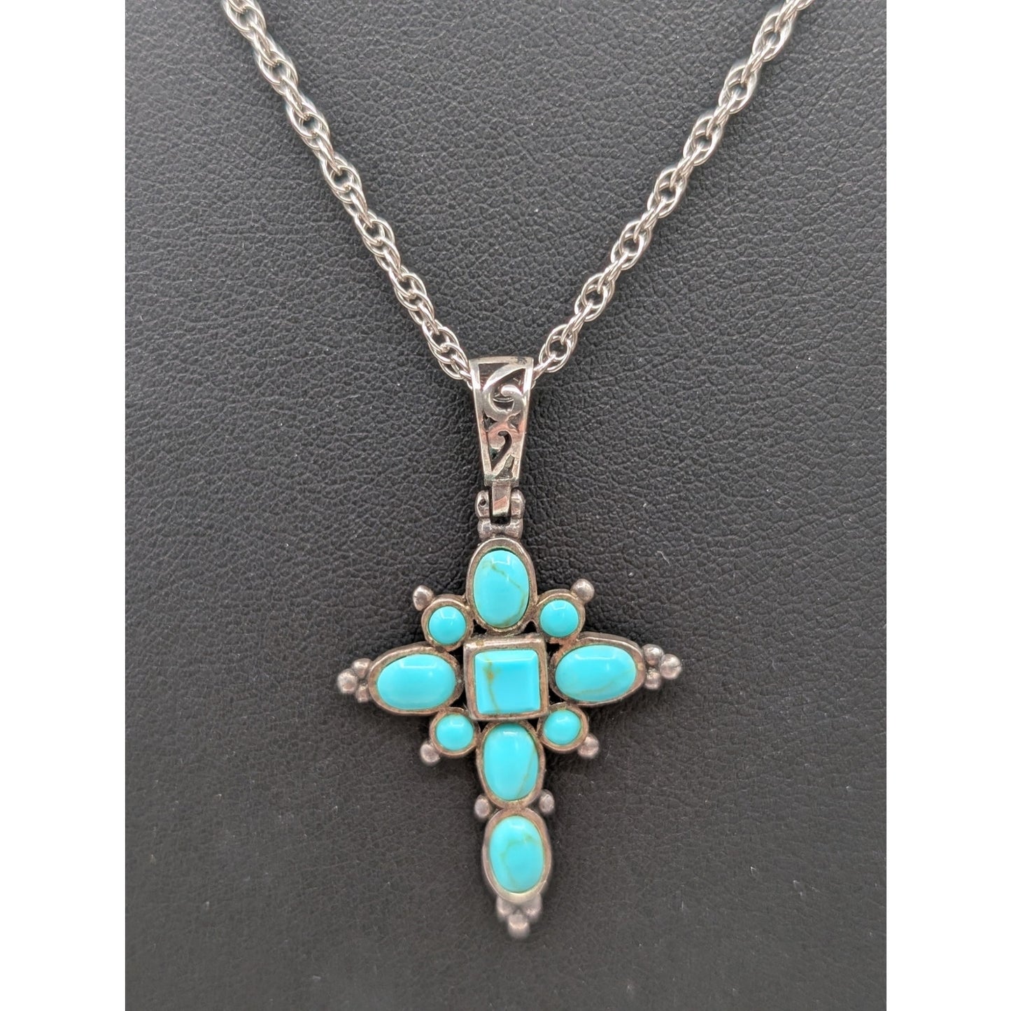 Vintage Joseph Cleary Turquoise Sterling 925 Cross Pendant 18" Chain Necklace