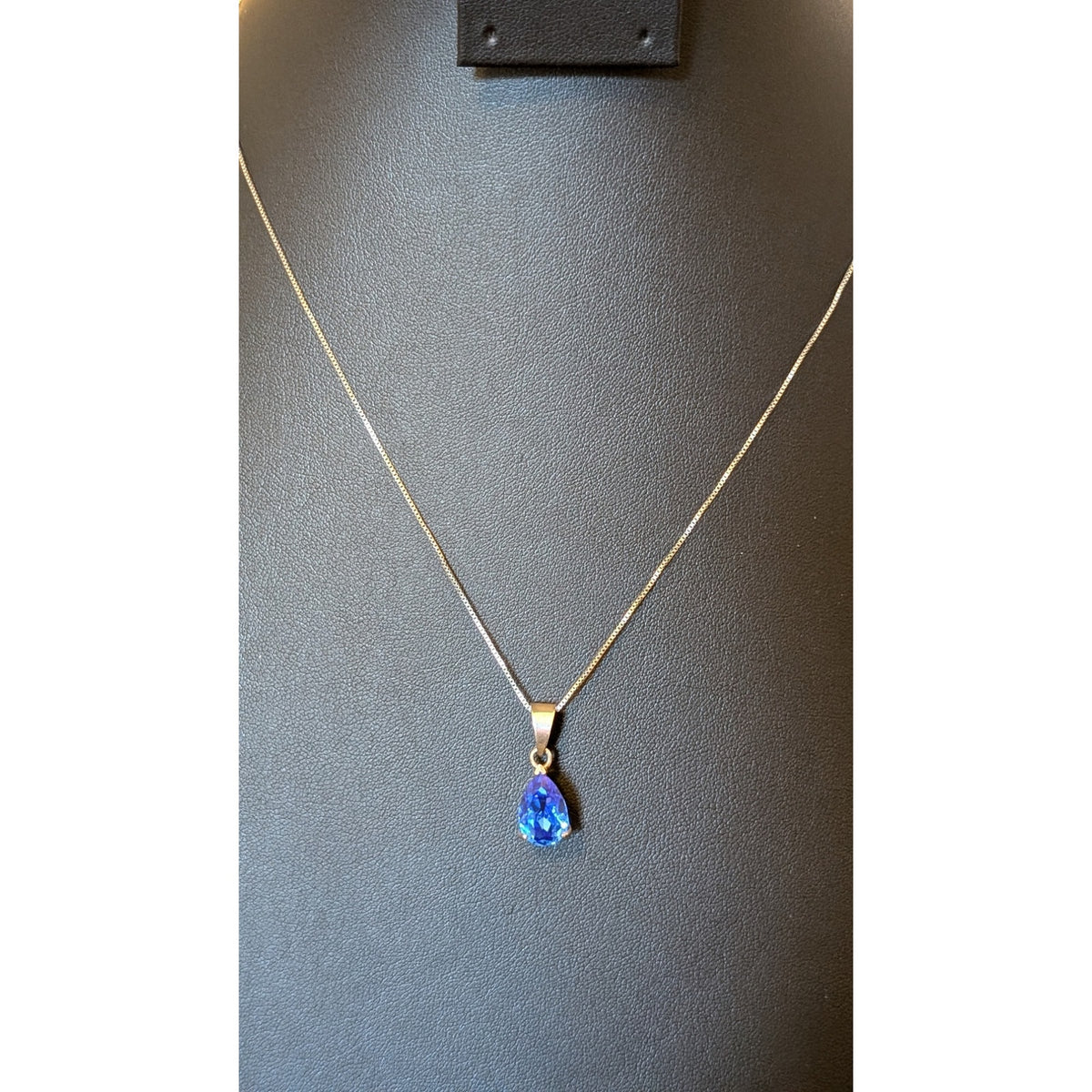 Blue Crystal Teardrop 925 Sterling Silver Pendant & 18" Box Chain Necklace