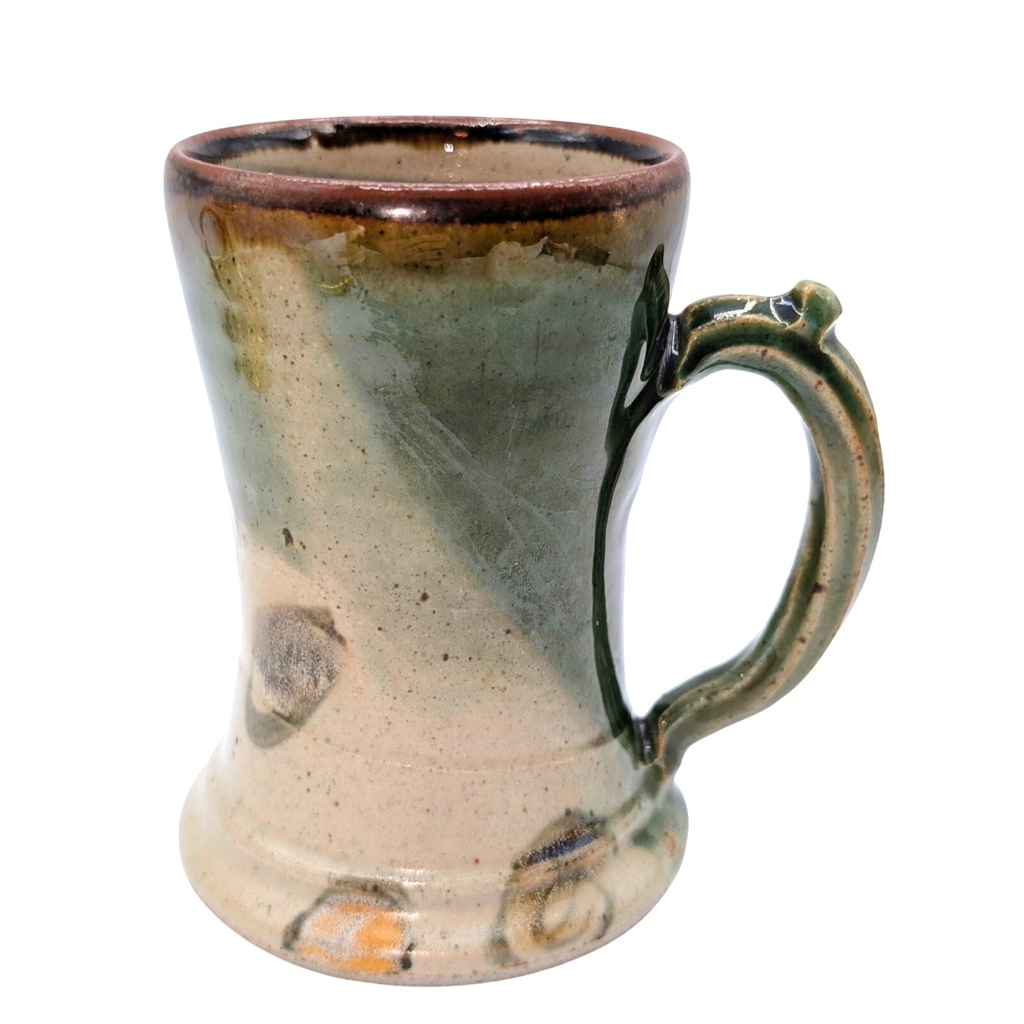 Signed Stamped Studio Pottery Green Yellow Brown Swirl Pattern Mug