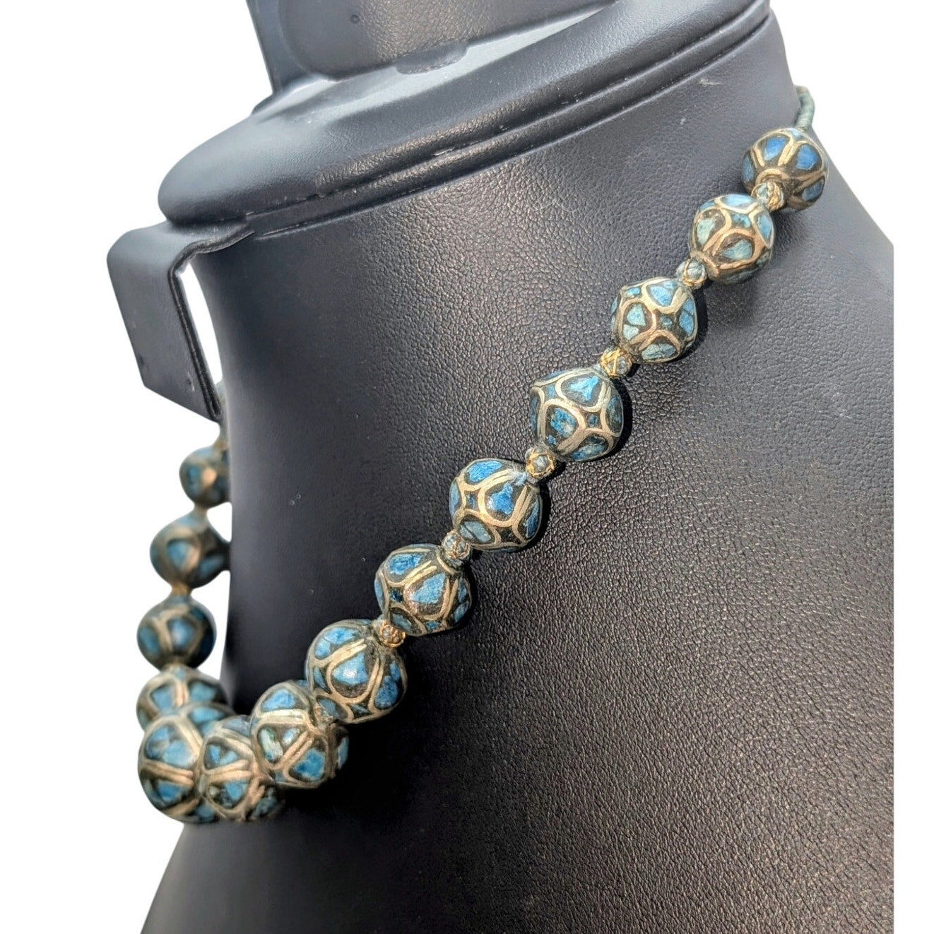 Antique Hand Made Ethnic Turquoise Inlay Non-Magnetic Graduated Bead Necklace