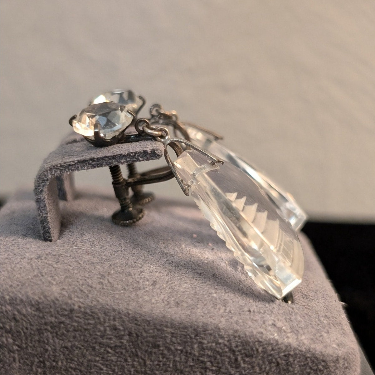 1930s Japanese Sterling Reverse Carved Rock Crystal Quartz Pagoda Earrings