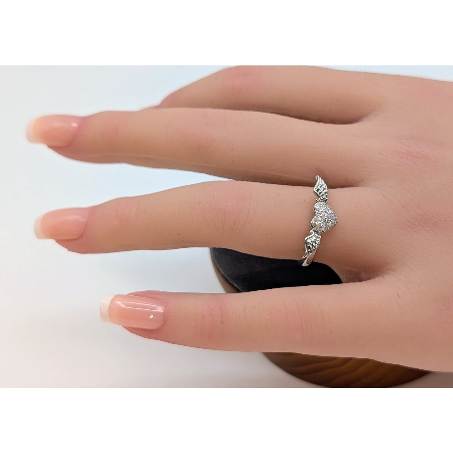 Pave CZ Heart Wing Silver Tone Ring Size 7.75