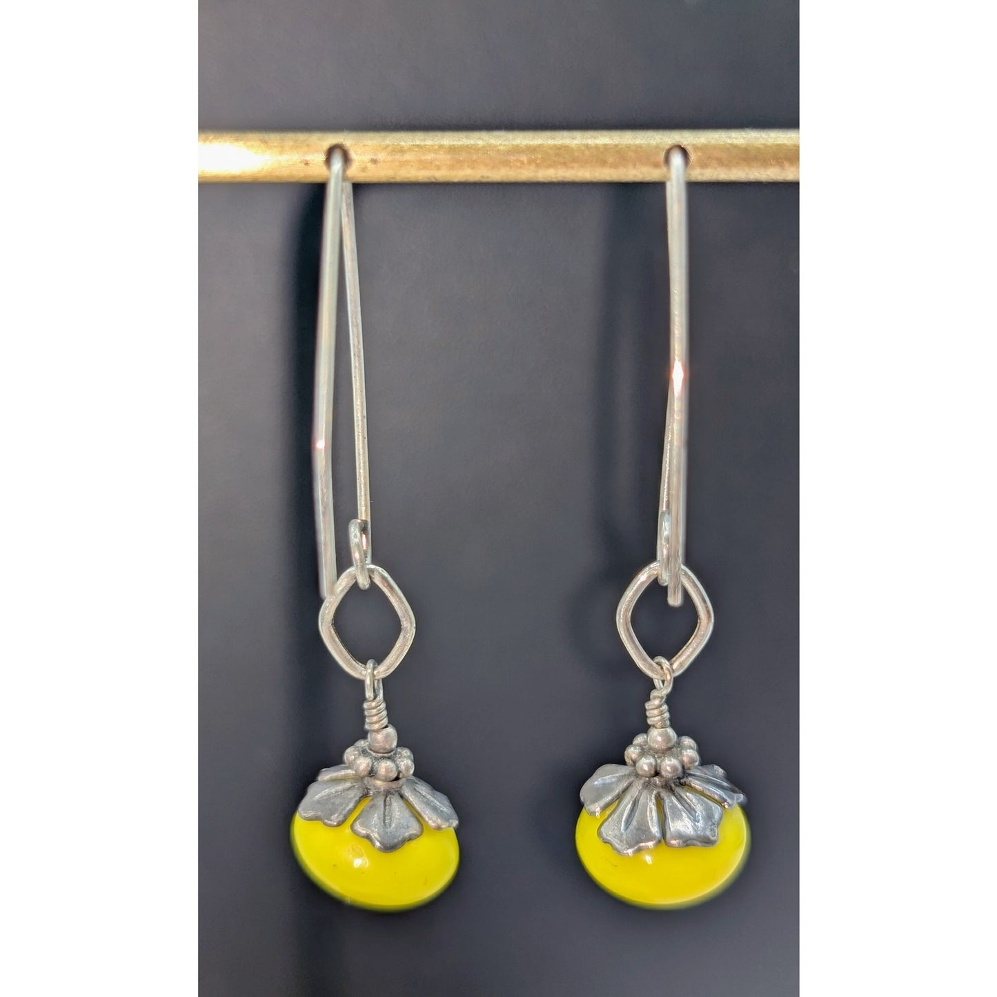 Vintage Pop of Yellow Glass Bead Sterling Wire Dangle Earrings