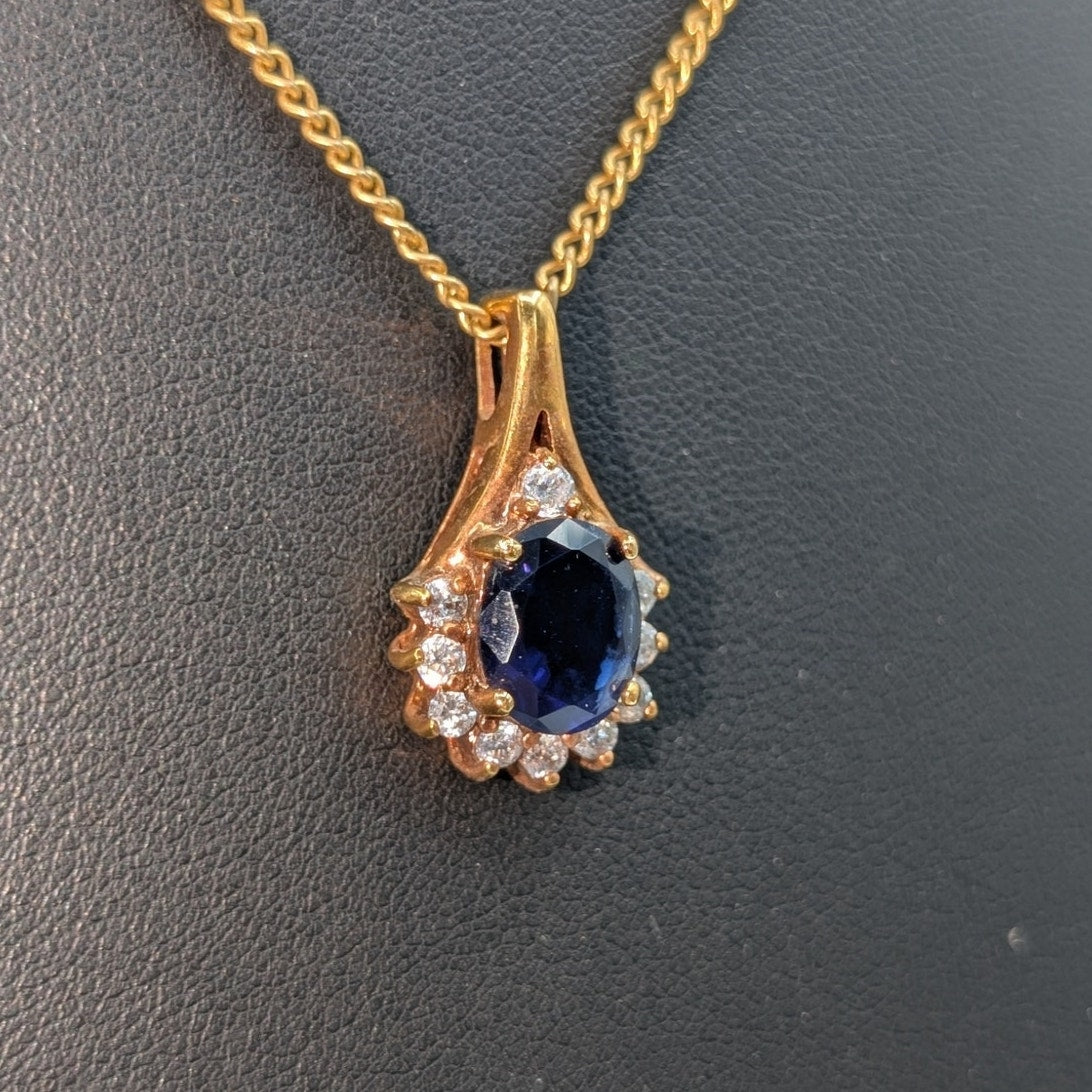 Vintage 14K Gold Electroplate Blue & Clear Stone Gold Tone Chain17"  Necklace