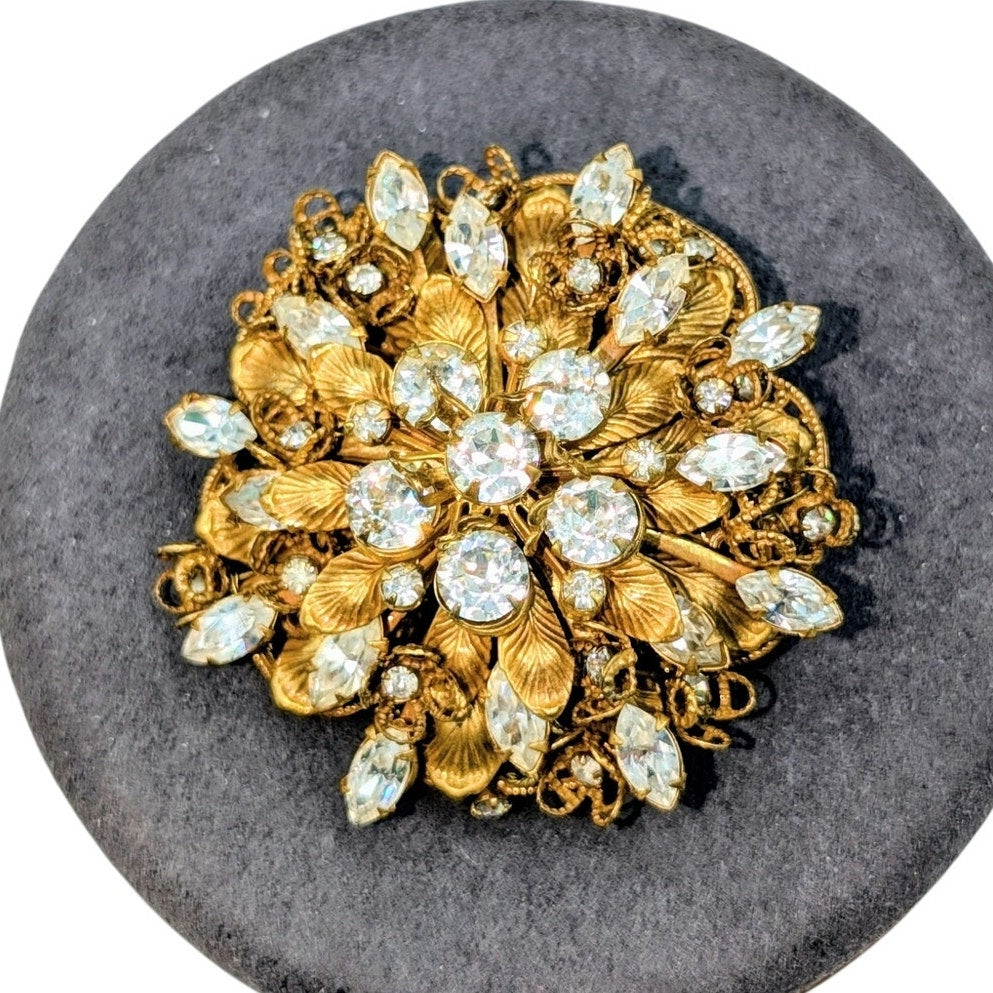 Vintage Signed Amourelle Frank Hess Jeweled Lacy Filigree Brooch