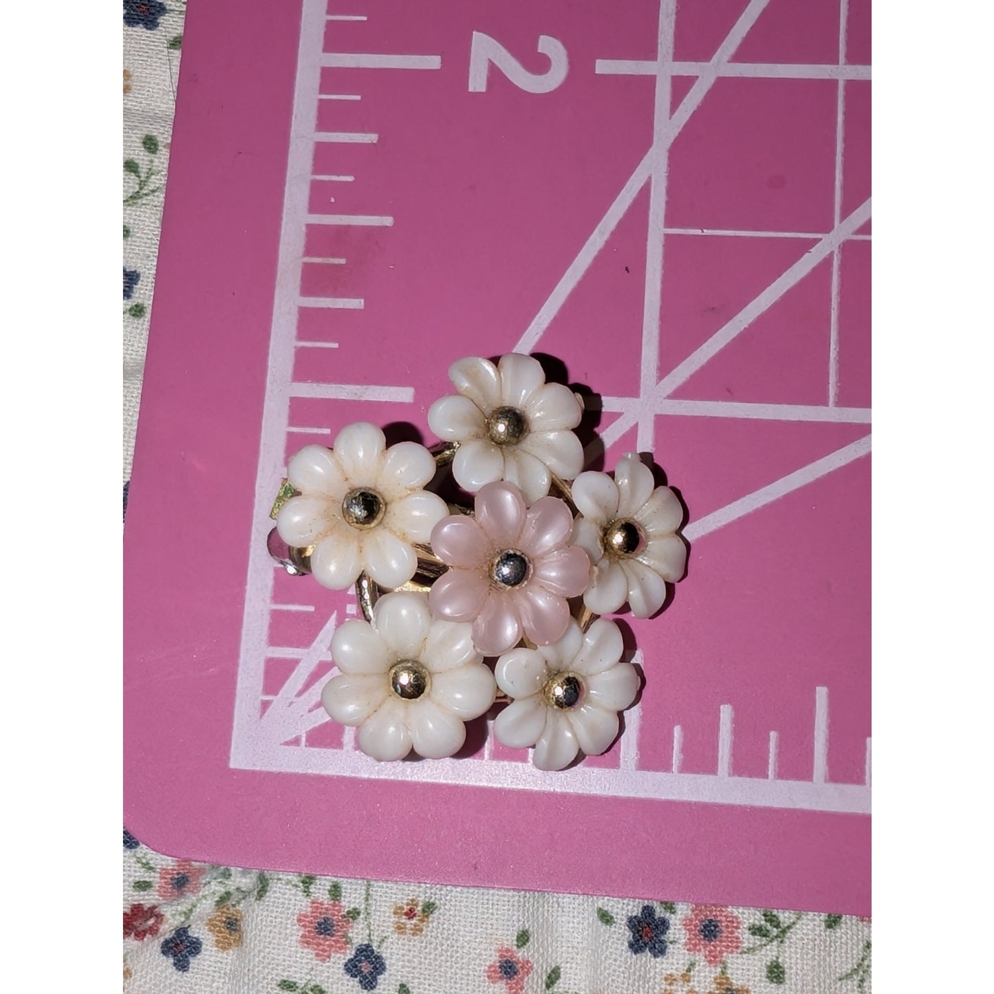 1950s Cream Pale Pink Gold Bead Pop Off Floral Clip Earrings