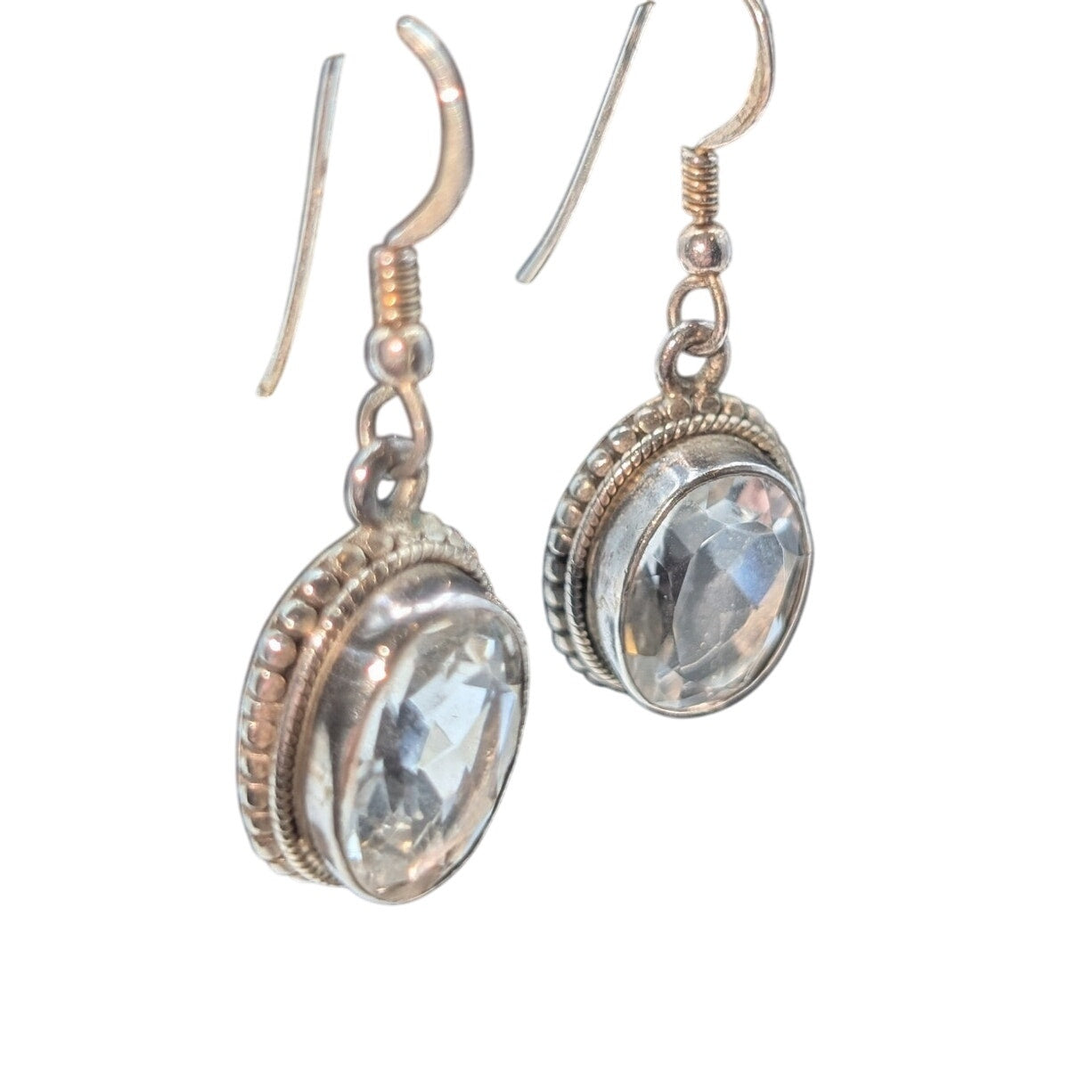 Vintage Beaded 925 Sterling Silver Bezel Set Rock Crystal Quartz Dangle Earrings