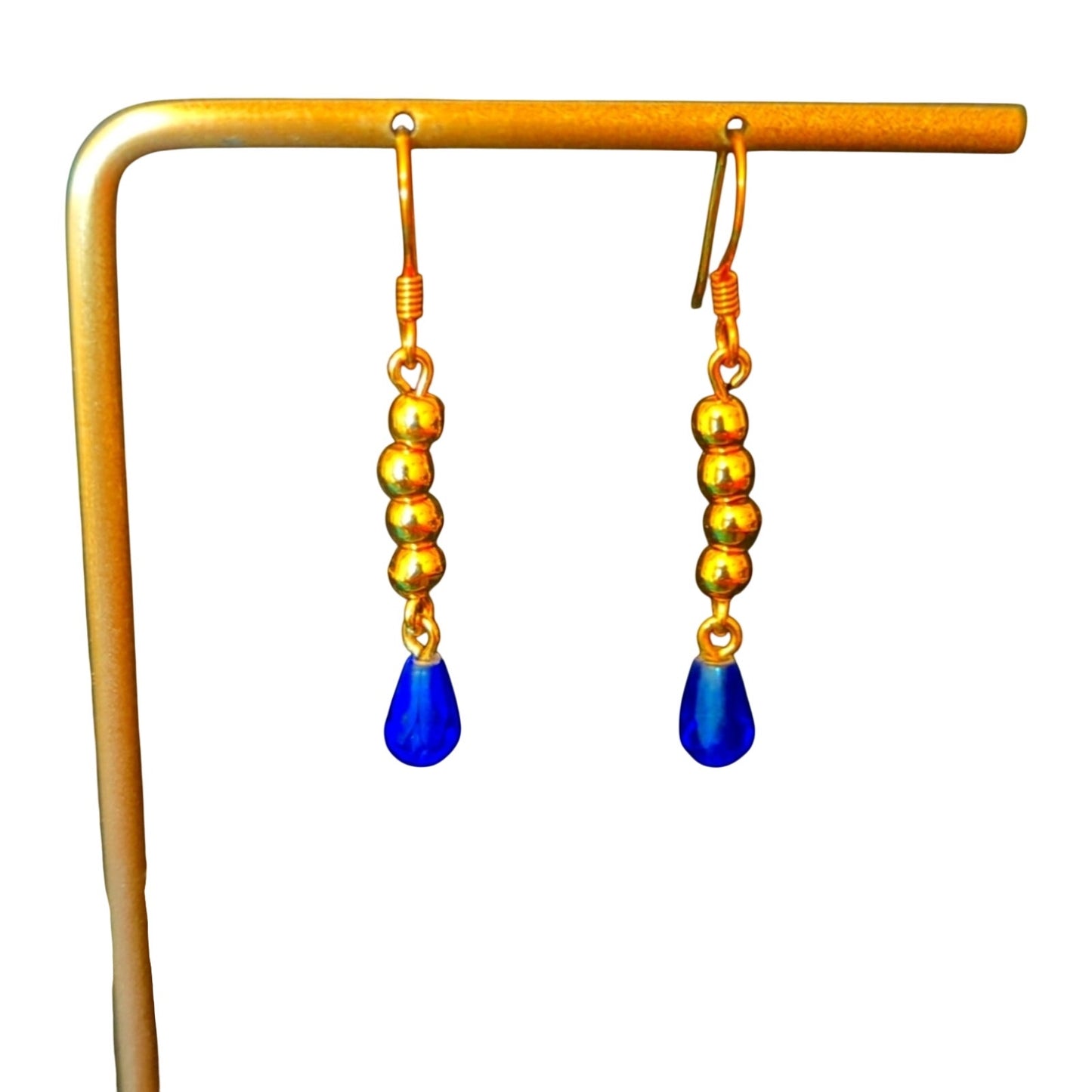 Blue Crystal Briolette and Gold Tone Dangle French Wire Earrings