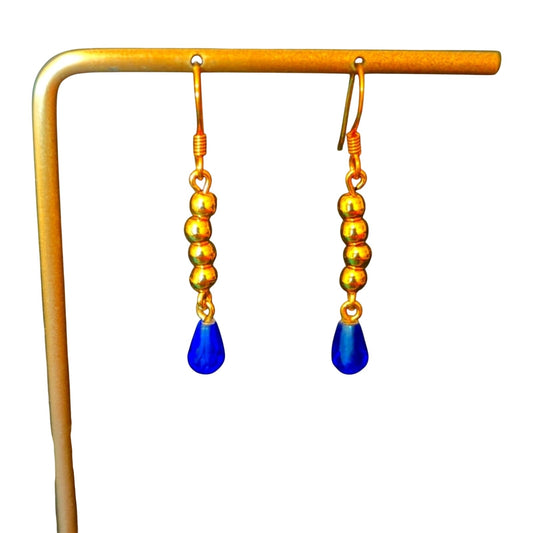 Blue Crystal Briolette and Gold Tone Dangle French Wire Earrings
