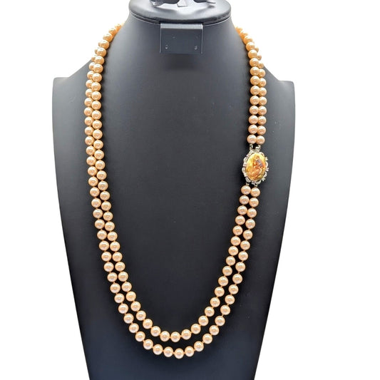 Vtg Off White Double Strand Courting Rhinestone Clasp Faux Pearl Necklace