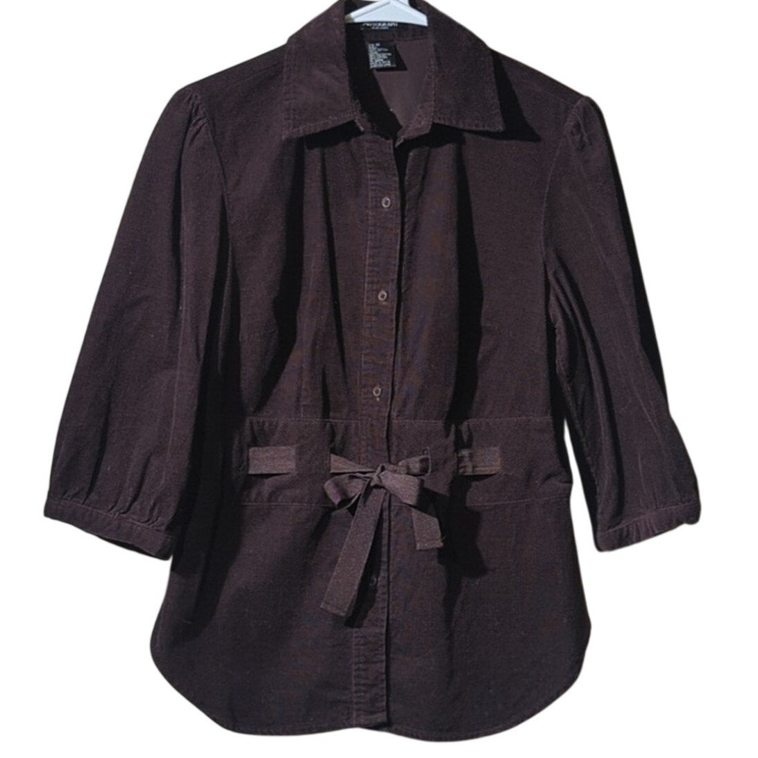 Autograph Brown Corduroy Button Down Ribbon Embellished Shirt Jacket Sz M