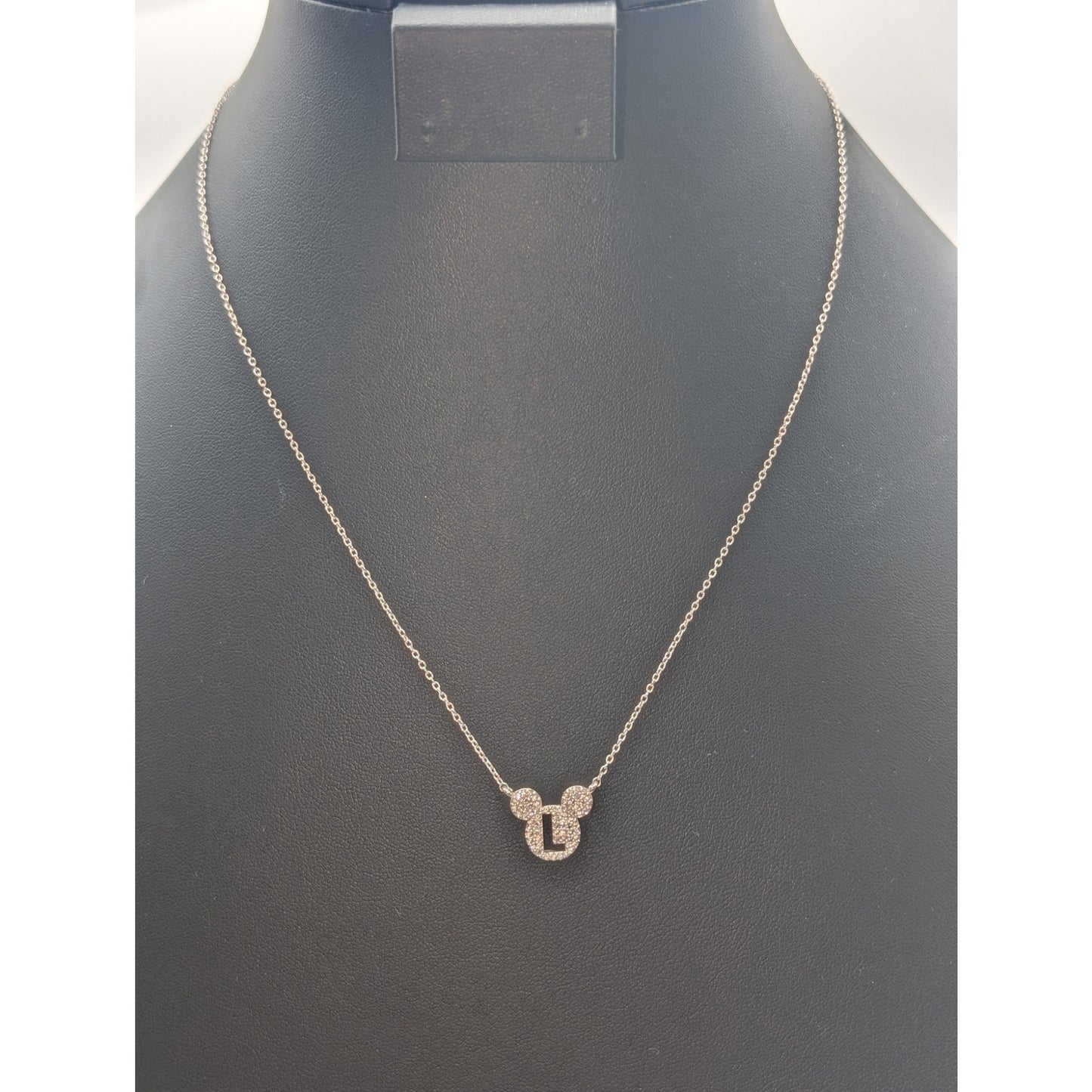 Disney Mickey Mouse White CZ Silver Over Brass Initial 'L' Pendant Necklace