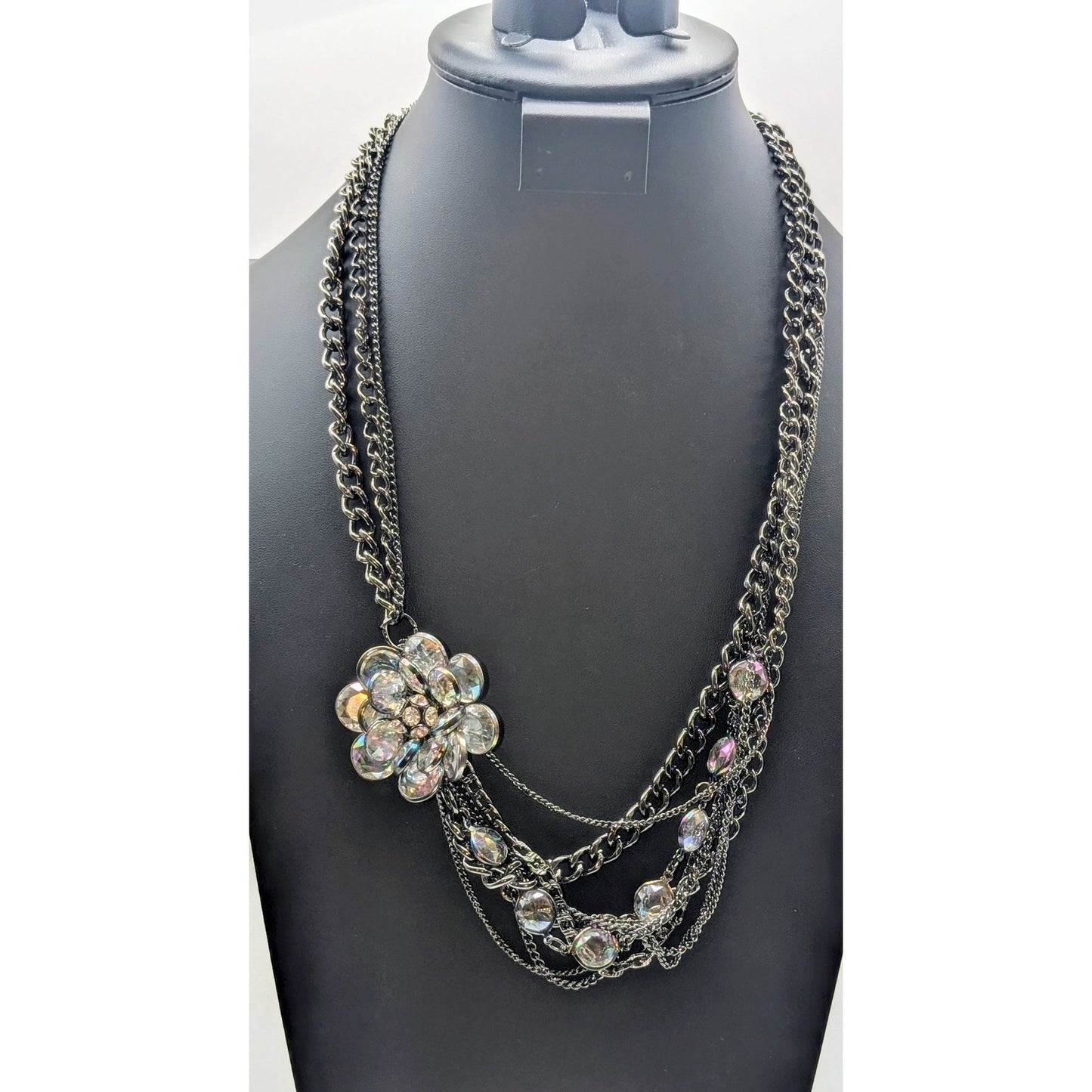 Simply Vera Wang Multi Strand Gun Metal/Black Chain Crystal Flower Necklace
