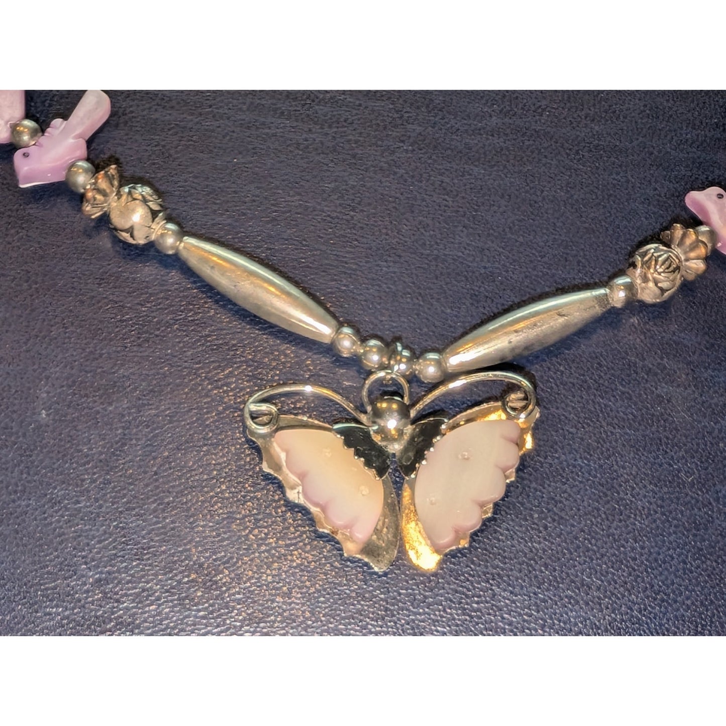Vintage Liquid Silver Pink Shell Butterfly & Bird Barrel Clasp 18" Necklace