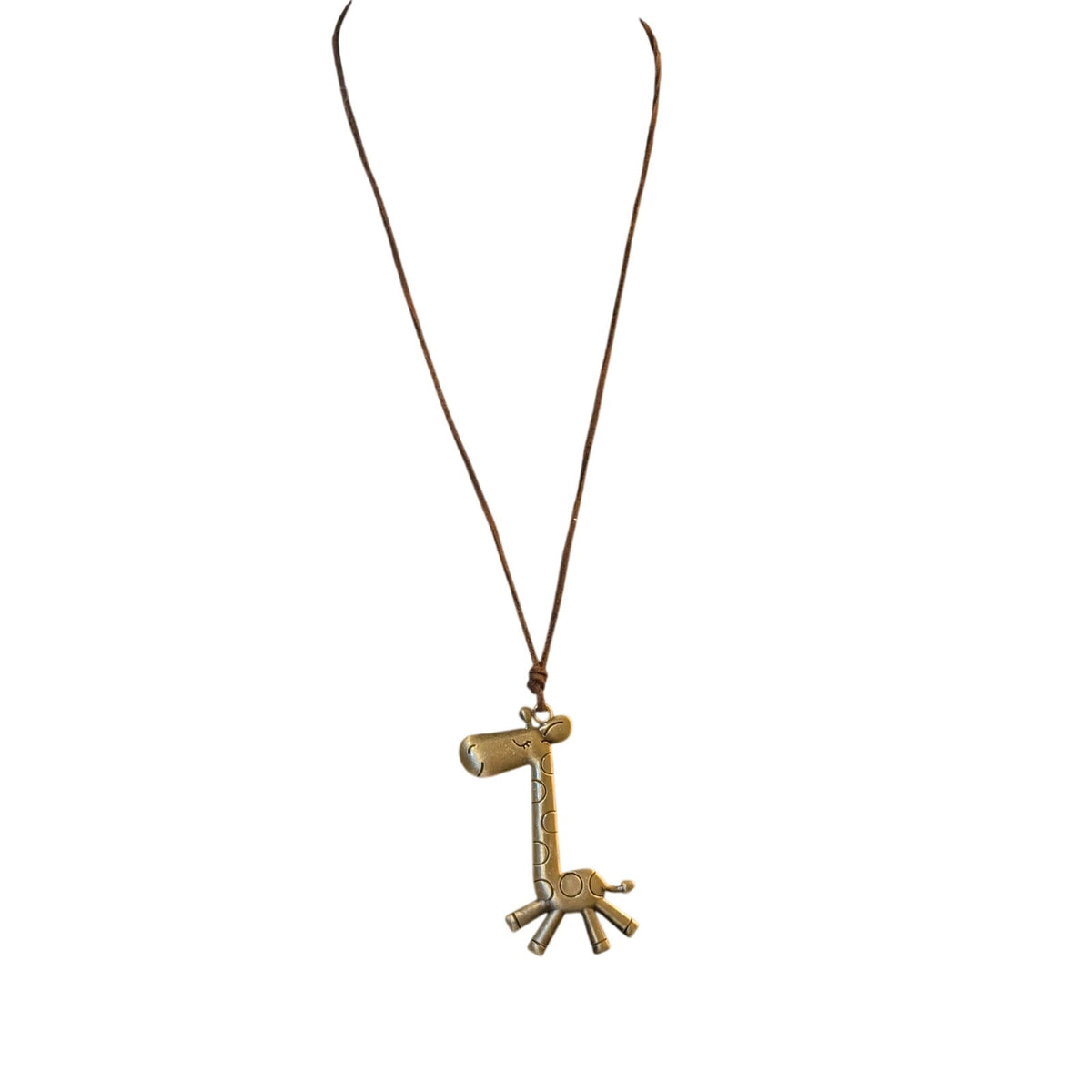 Brass Tone Cartoonish Giraffe Pendant Cord Necklace
