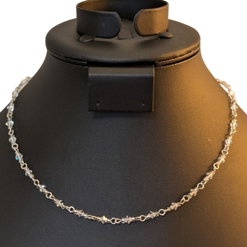 Vintage 925 Sterling Silver Crystal Bicone Bead 16.5" Chain Choker Necklace
