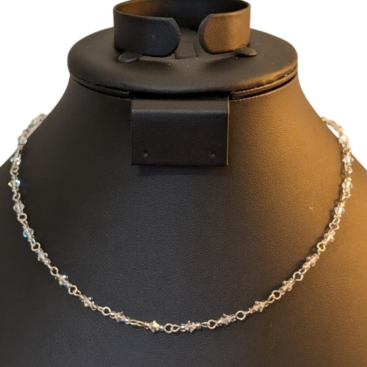 Vintage 925 Sterling Silver Crystal Bicone Bead 16.5" Chain Choker Necklace