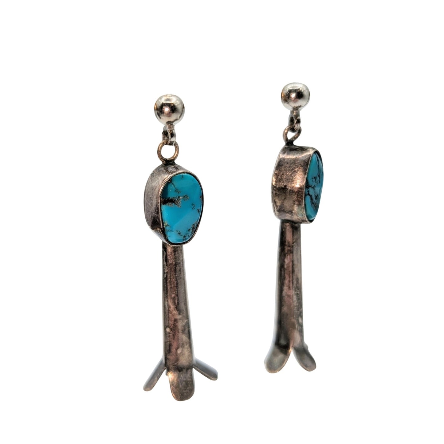 Vintage Turquoise 925 Sterling Silver Squash Blossom Dangle Pierced Earrings