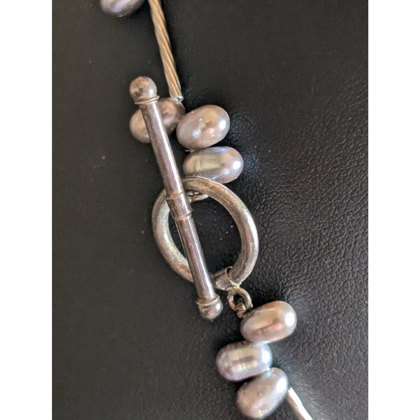 925 Sterling Silver Gray Freshwater Pearl Twisted Tube Toggle Clasp 18" Necklace