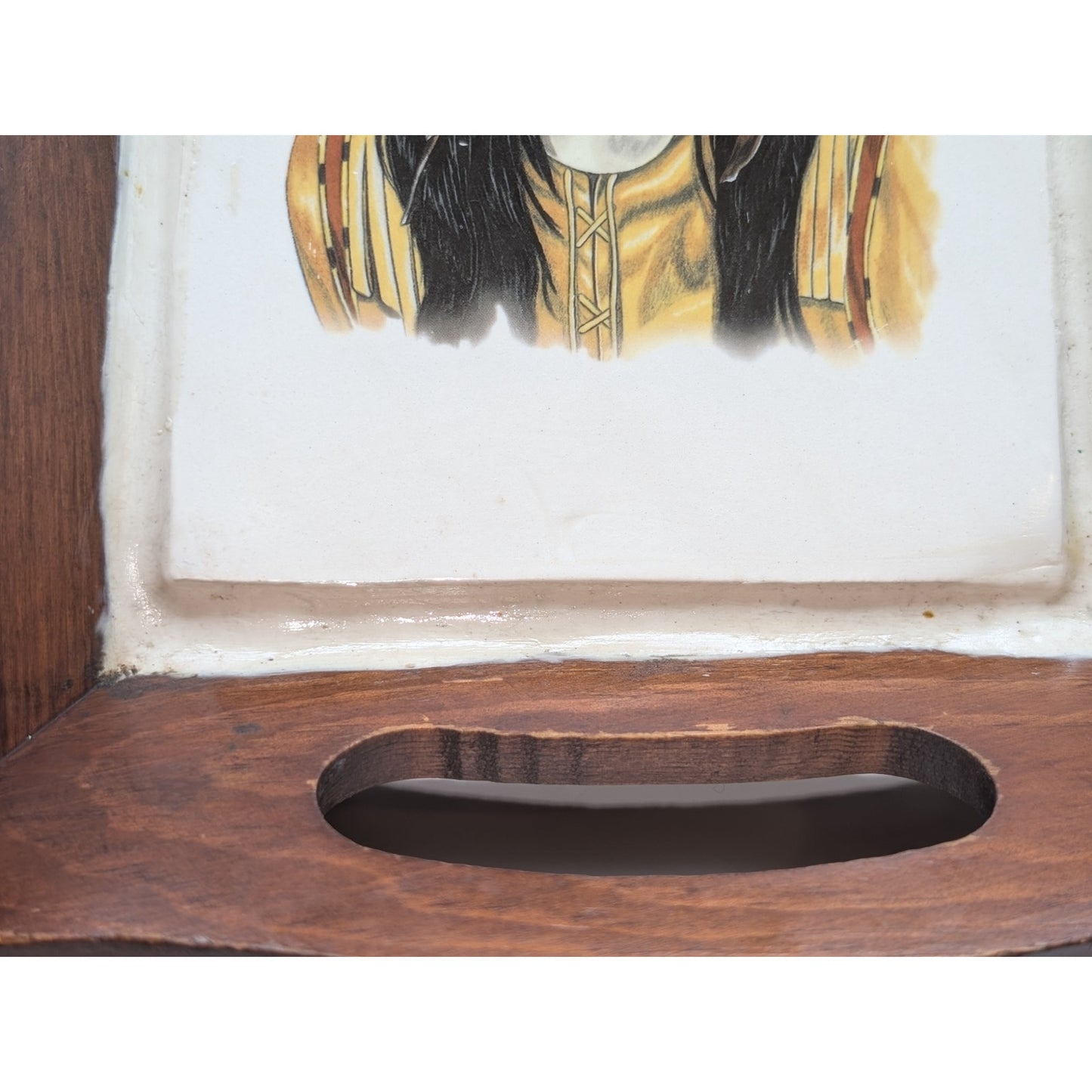 Vintage Painted Indian Ceramic Tile Wood Handled Tray