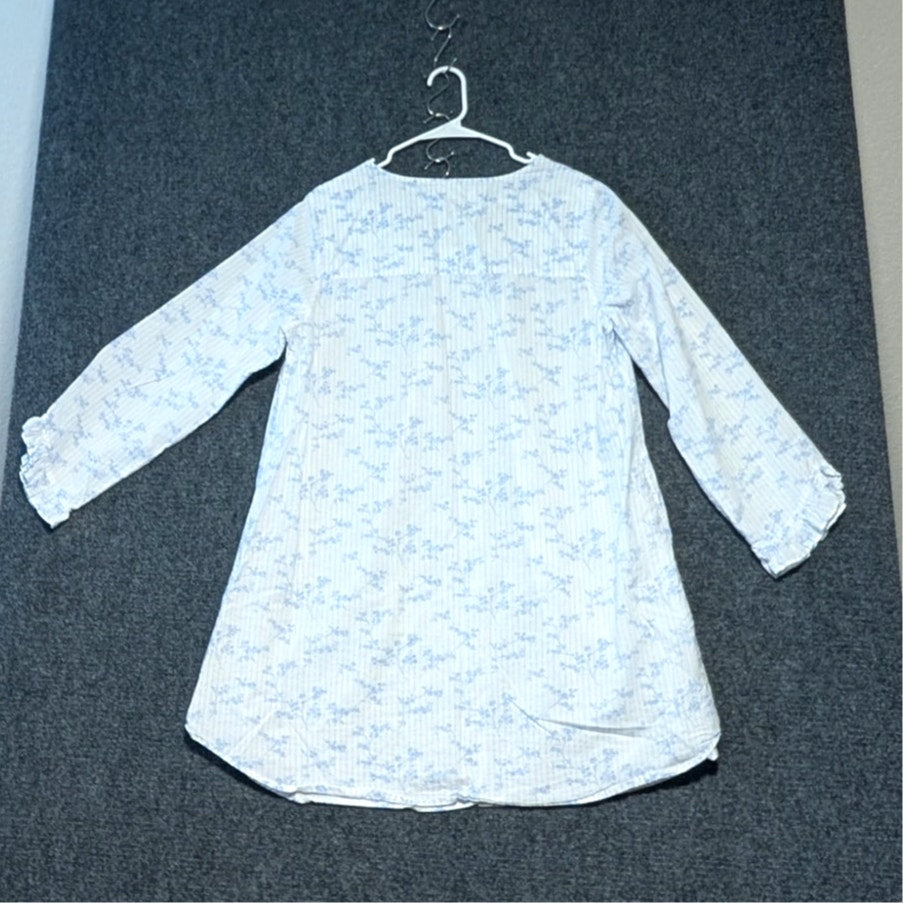 Eileen West Blue Stripe Floral Cotton Button Front 3/4 Sleeve Lace Sleepwear L