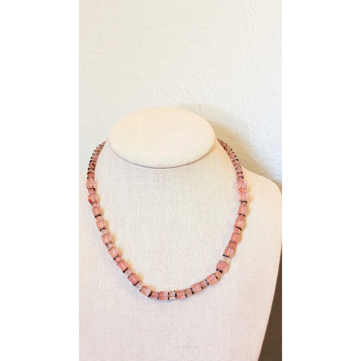 Vintage Pink Square Glass Bead Sterling Silver 17" Necklace
