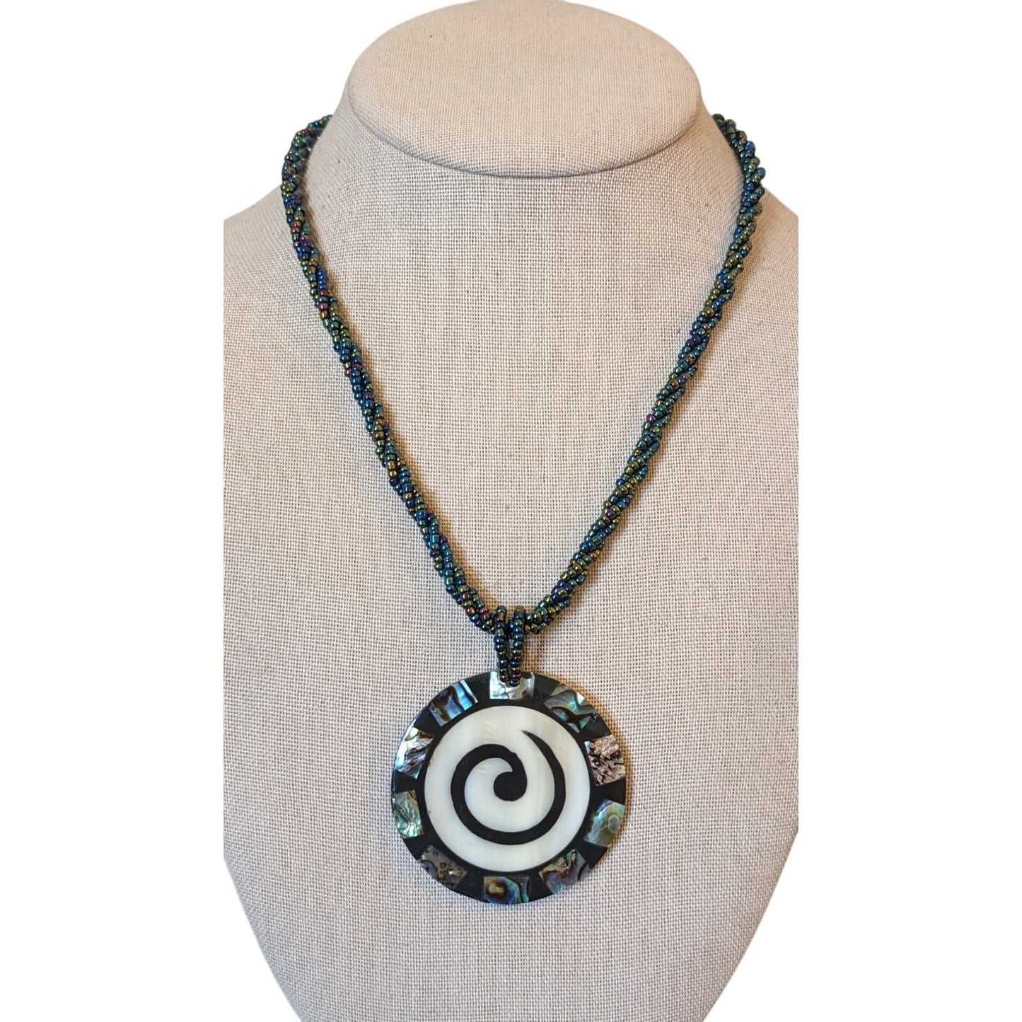 Abalone Shell Seed Bead Twisted Strand Button Clasp Necklace