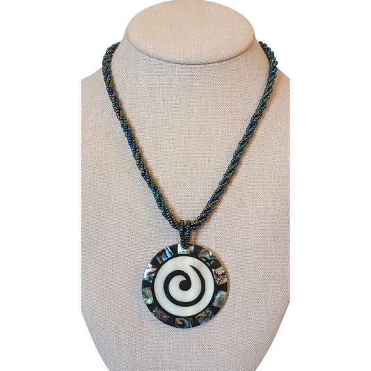 Abalone Shell Seed Bead Twisted Strand Button Clasp Necklace