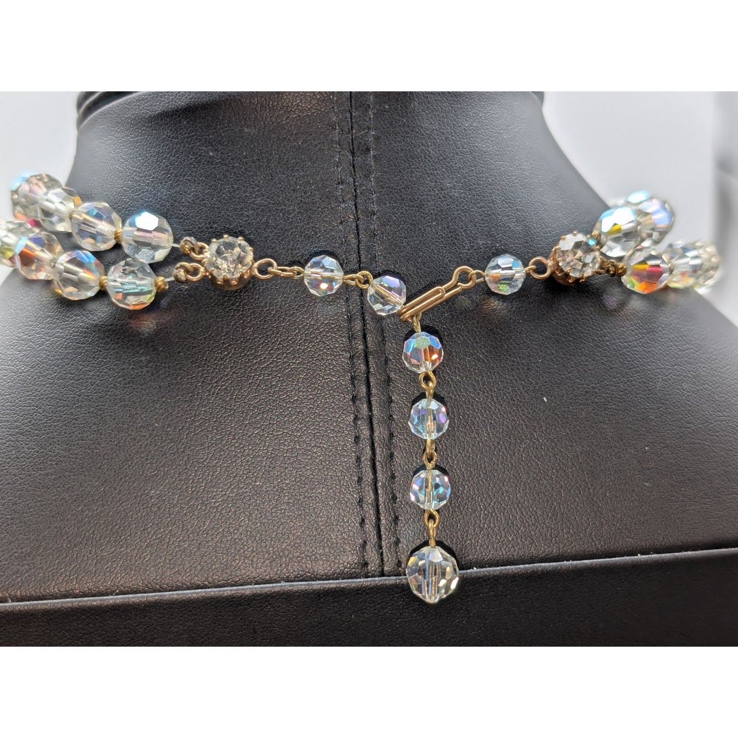 Vintage Double Strand Aurora Borealis Crystal Gold Bead  13"-15" Choker Necklace