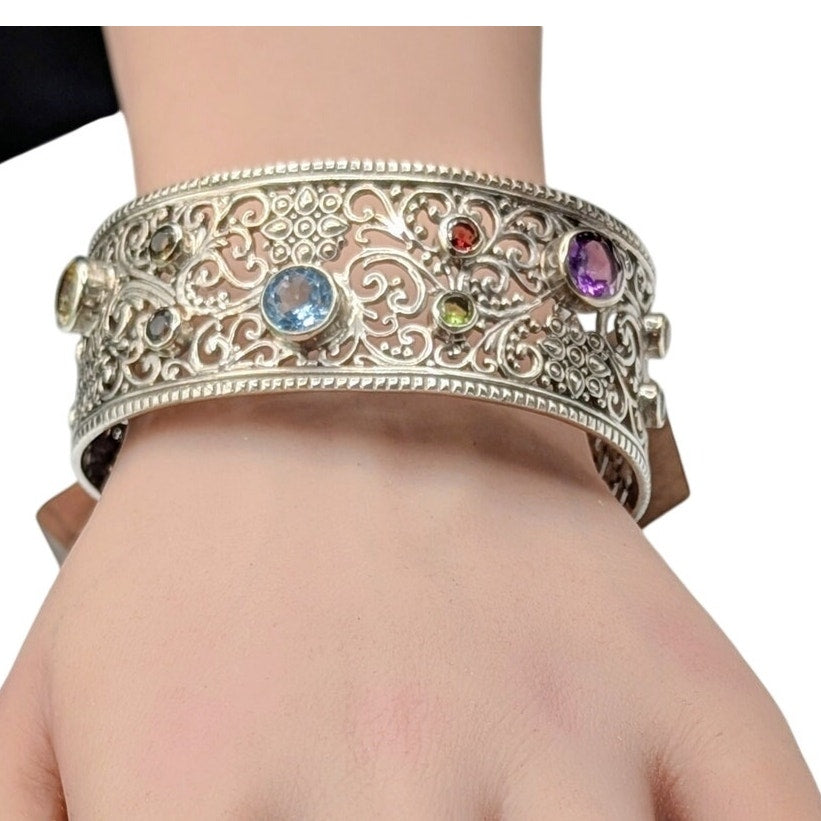 Samuel Benham 925 Sterling Bezel Set Multi-Gemstone Scroll Cuff Bracelet 40.69g